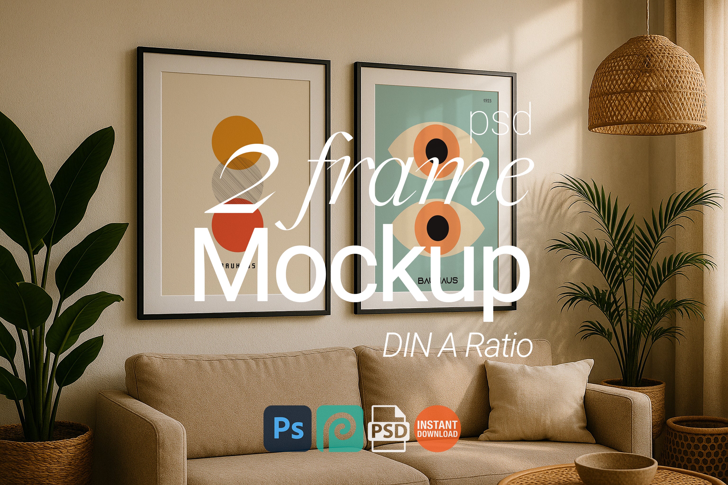 2 Frame Mockup Boho Living Room Double Wall Art Black Frame PSD Digital Print