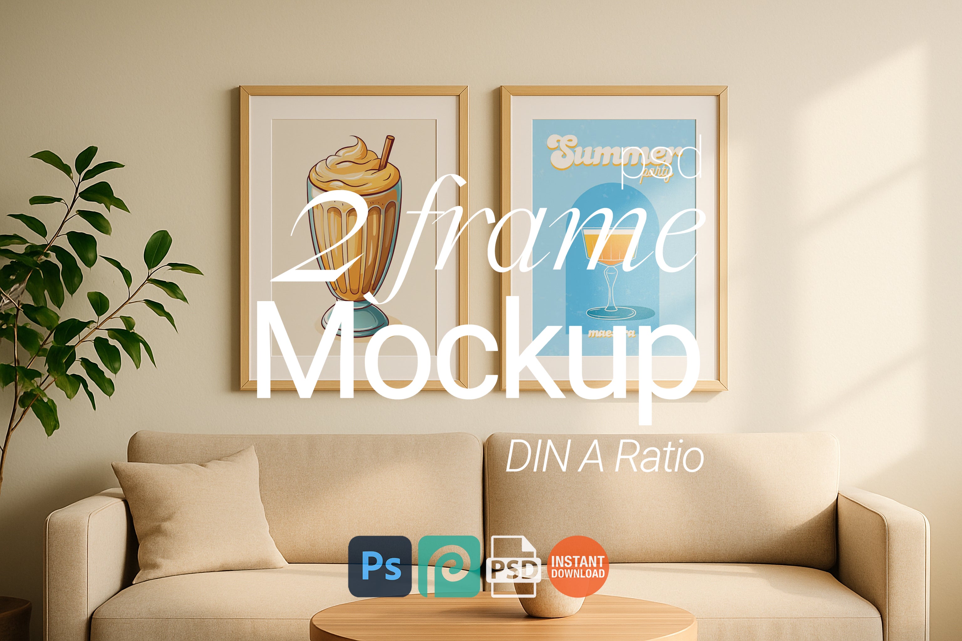 Double Frame Mockup Living Room Poster Display Wooden Wall Art Minimal Interior PSD Download