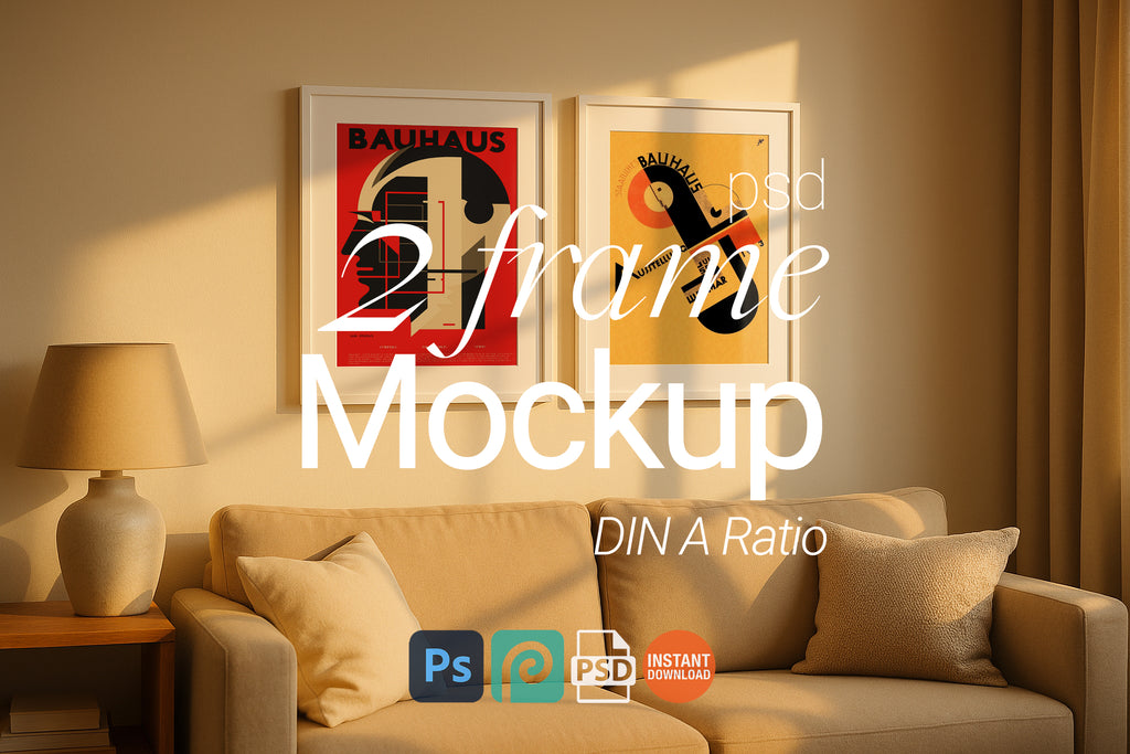 2 Frame Mockup Boho Living Room Double Poster Display Wall Art PSD Digital Download