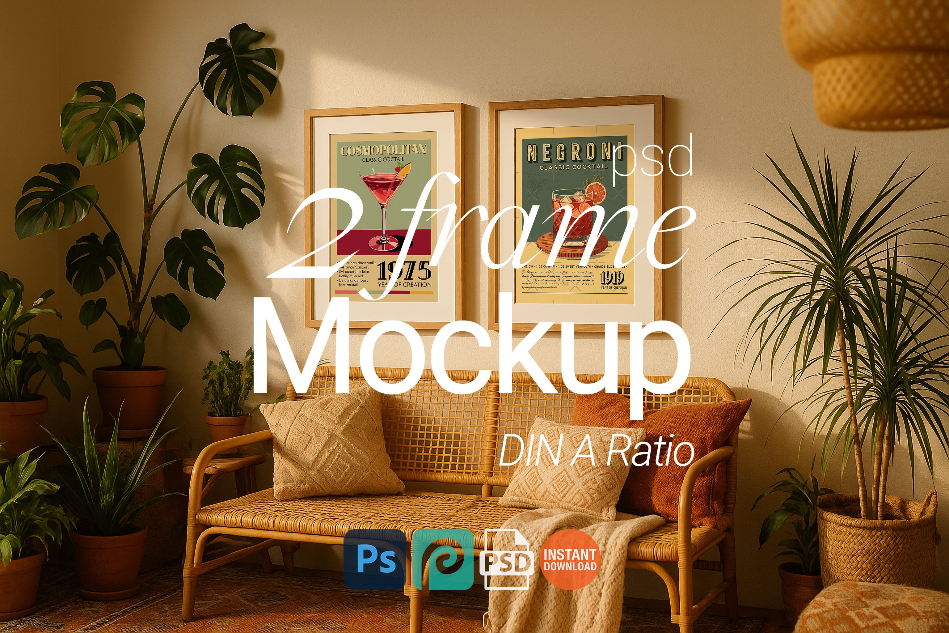 2 Frame Mockup Cozy Living Room Poster Display Wooden Boho Wall Art PSD Digital Download