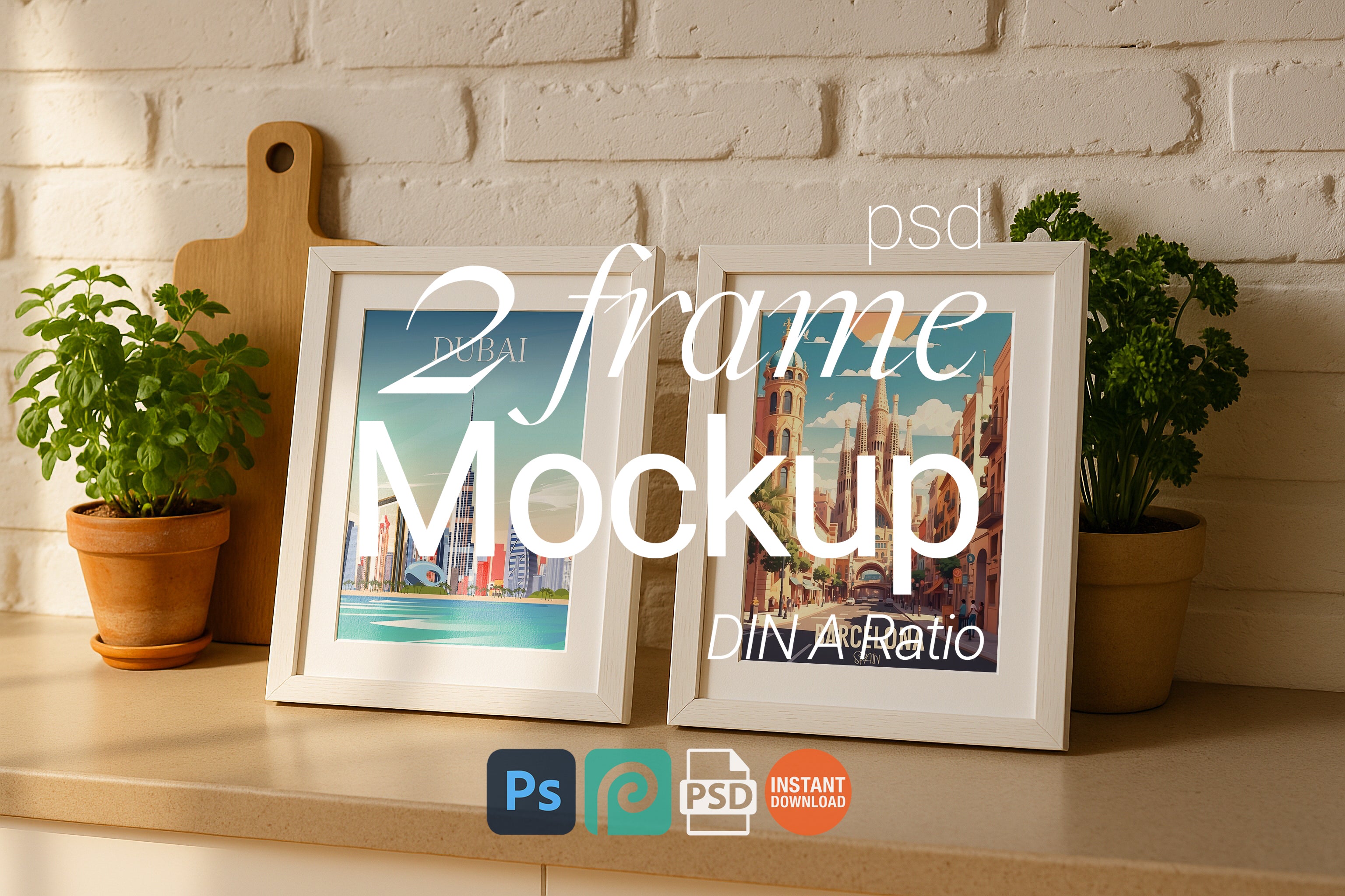 2 Frame Mockup Kitchen Poster Display White Artwork Wall Art PSD Digital Download