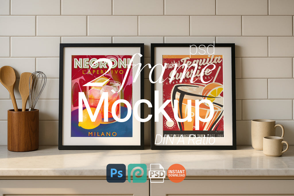 2 Frame Mockup Kitchen Double Poster Display Black Wall Art PSD Digital Print Download