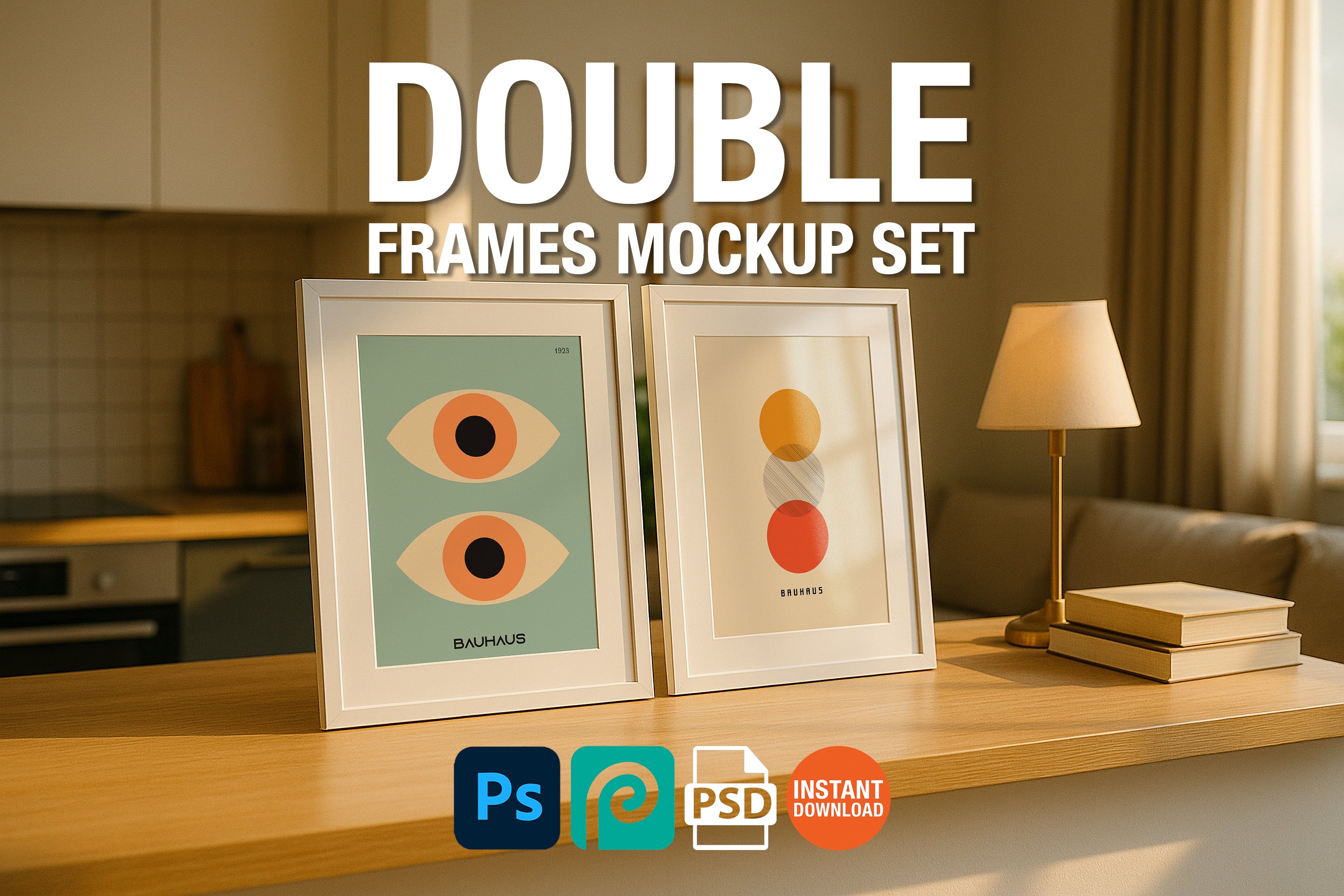 Two white frame mockup on kitchen countertop with warm sunlight, books and lamp – PSD template for modern home wall art or print design presentation