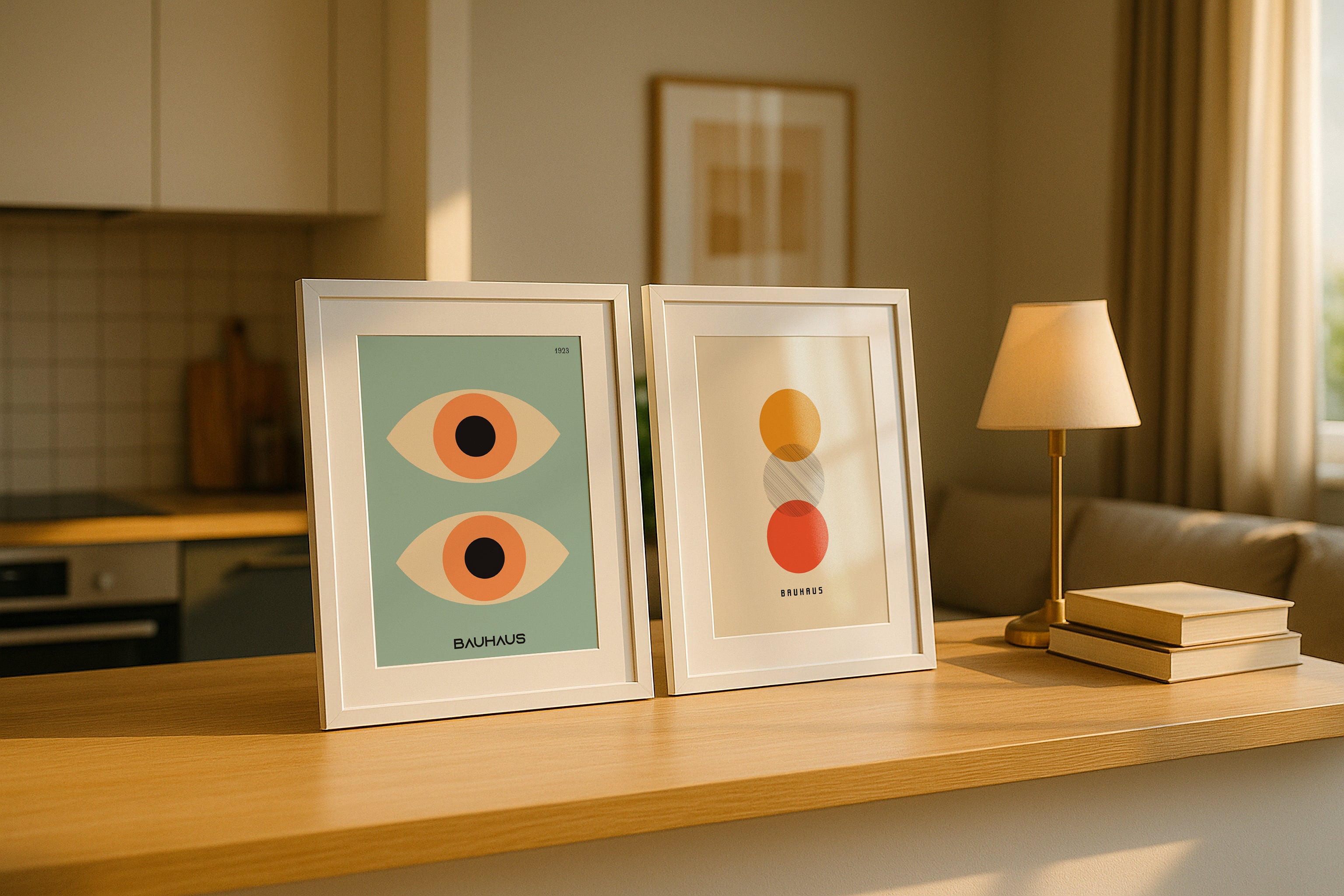 Two white frame mockup on kitchen countertop with warm sunlight, books and lamp – PSD template for modern home wall art or print design presentation