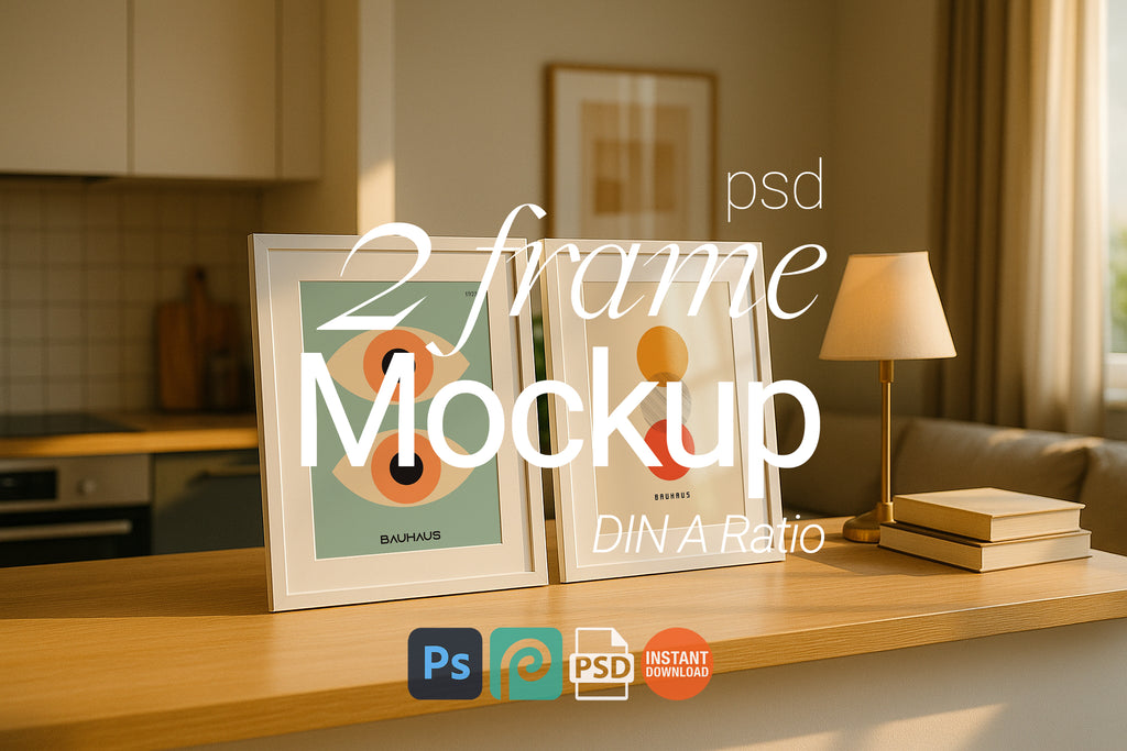 Two white frame mockup on kitchen countertop with warm sunlight, books and lamp – PSD template for modern home wall art or print design presentation