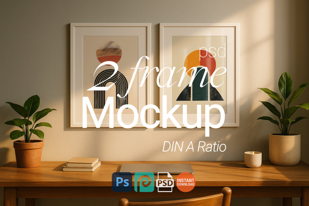Double Frame Mockup Home Office Poster Display White Wall Art Minimal Interior PSD Download