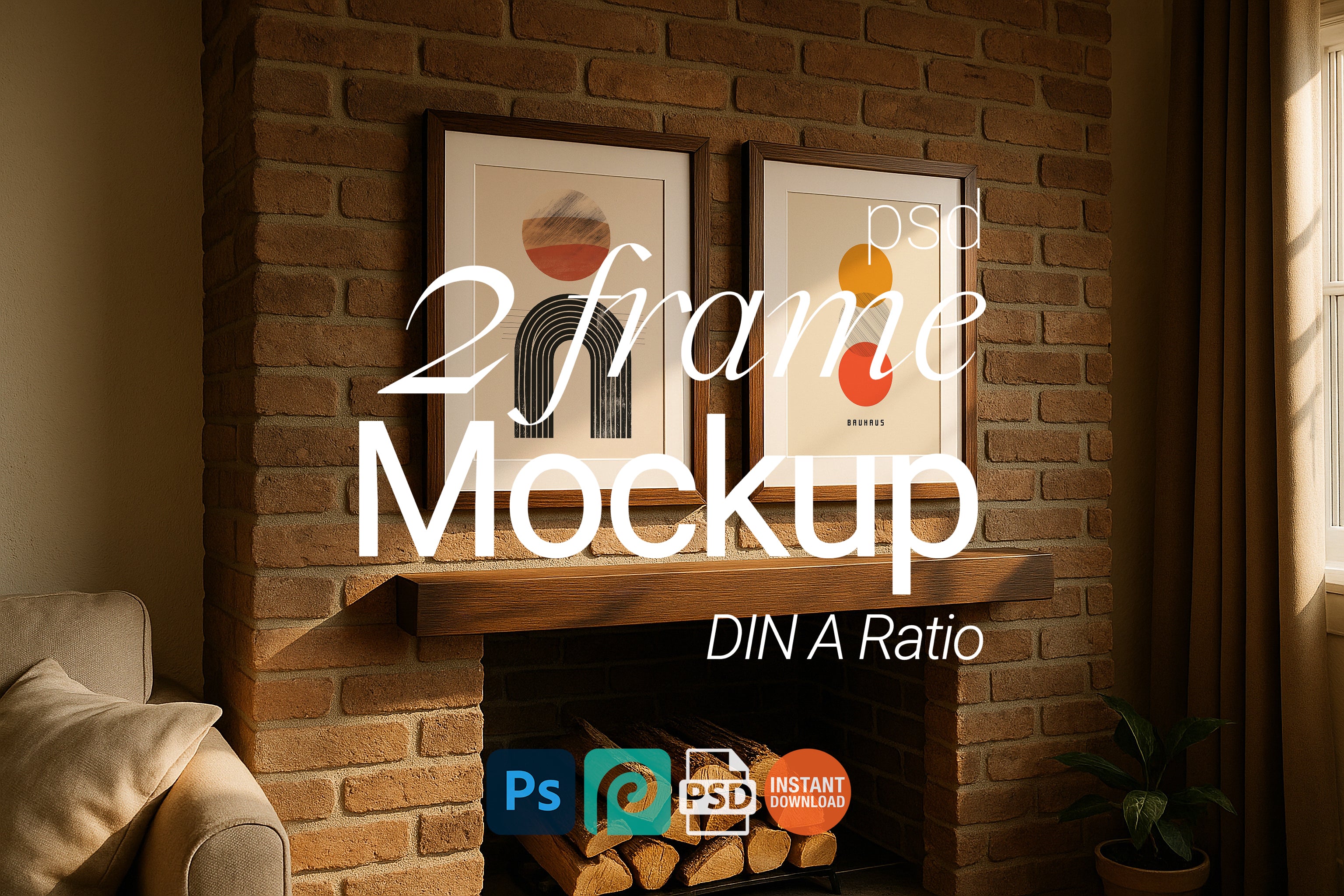 2 Frame Mockup Rustic Fireplace Poster Display Double Wooden Wall Art PSD Digital Template