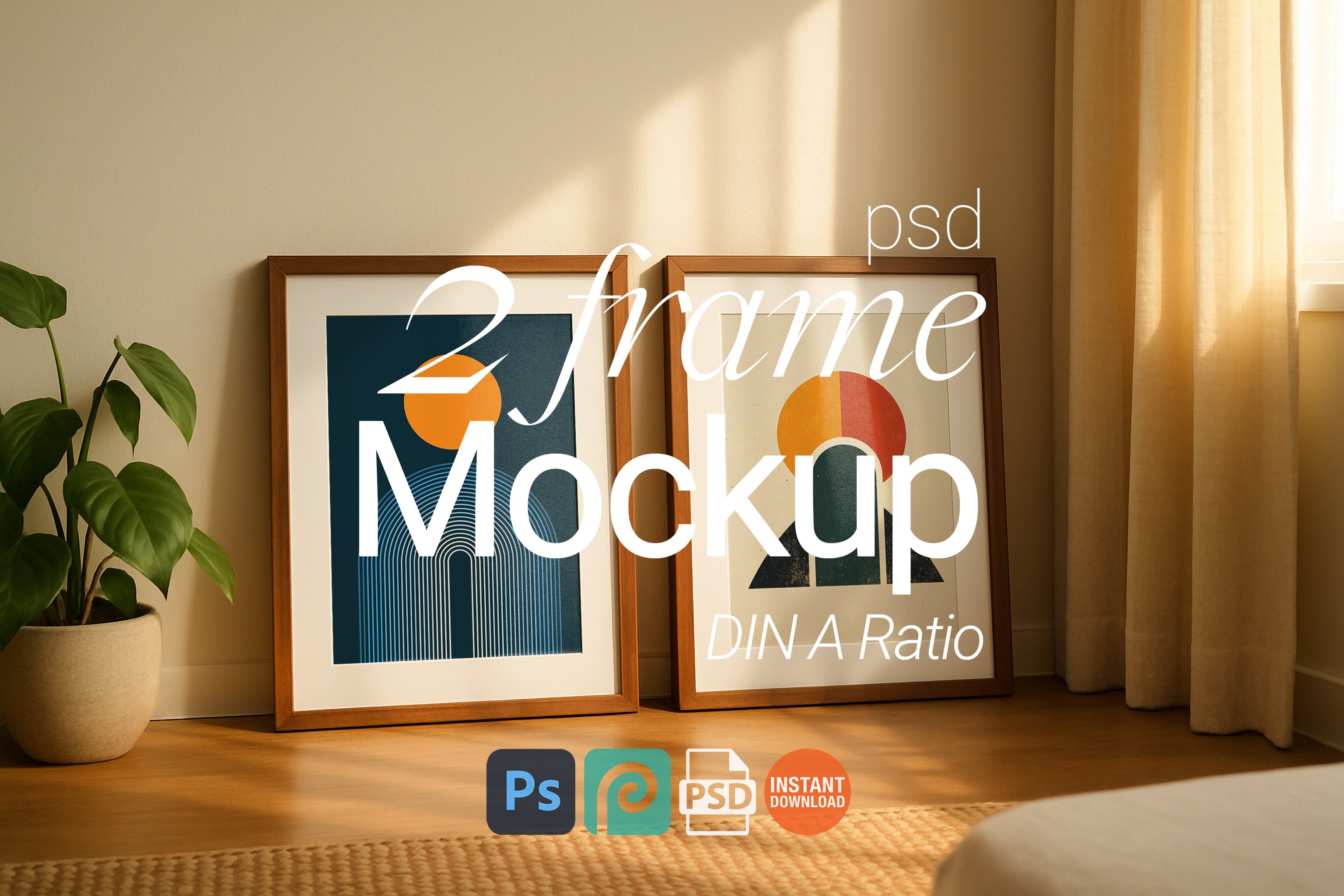 Double Wooden Frame Mockup Sunlit Minimal Interior Poster Display Wall Art