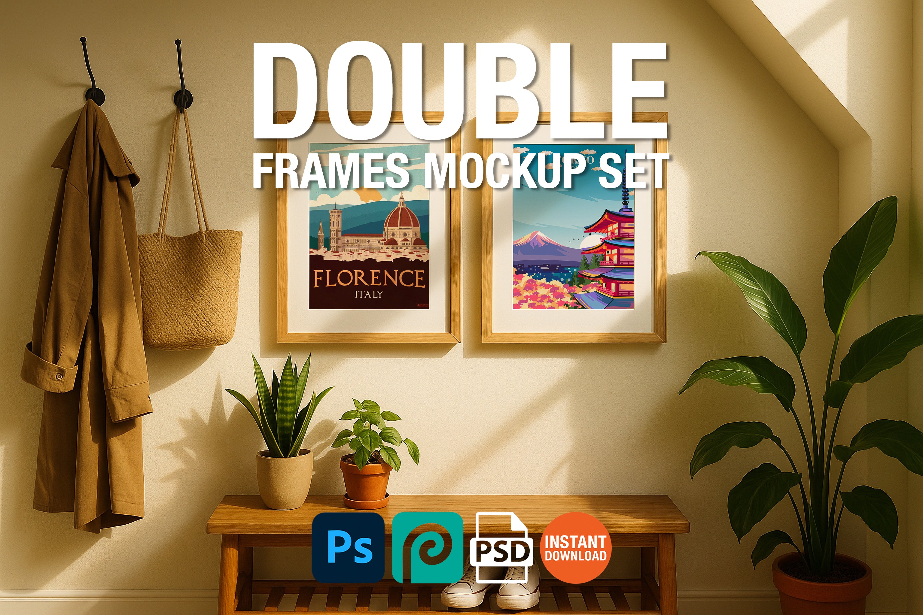 Two wooden frame mockups in modern hallway with plants, coat, and bench – PSD template for wall art, posters, and printable design presentations.