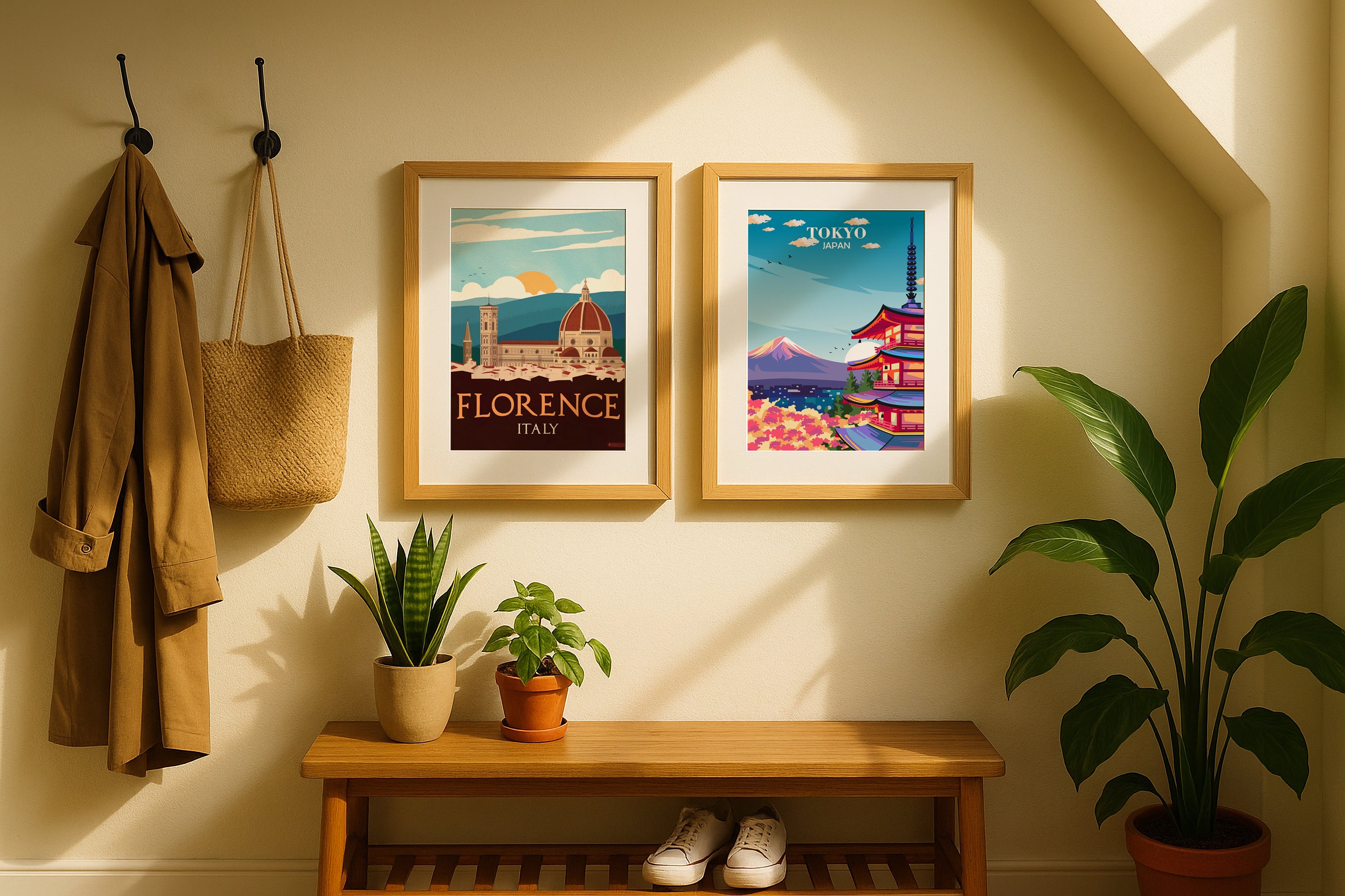 Two wooden frame mockups in modern hallway with plants, coat, and bench – PSD template for wall art, posters, and printable design presentations.