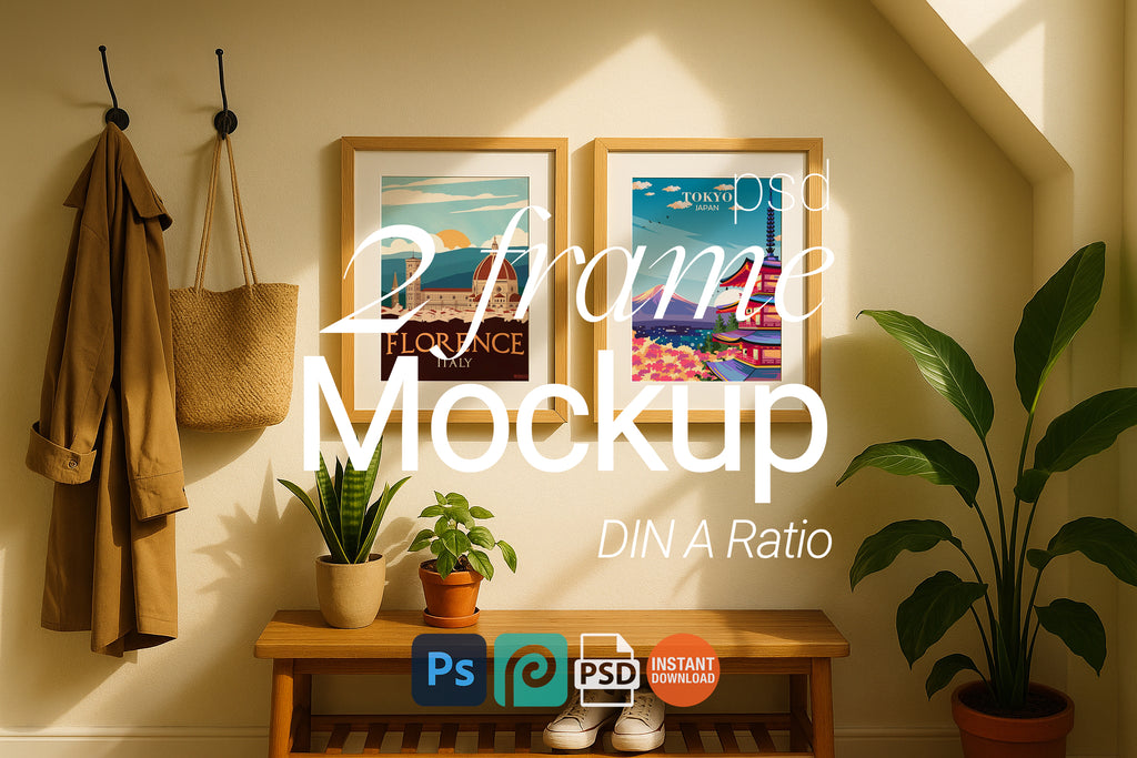 Double Wooden Frame Mockup Hallway Wall Art Poster Digital PSD