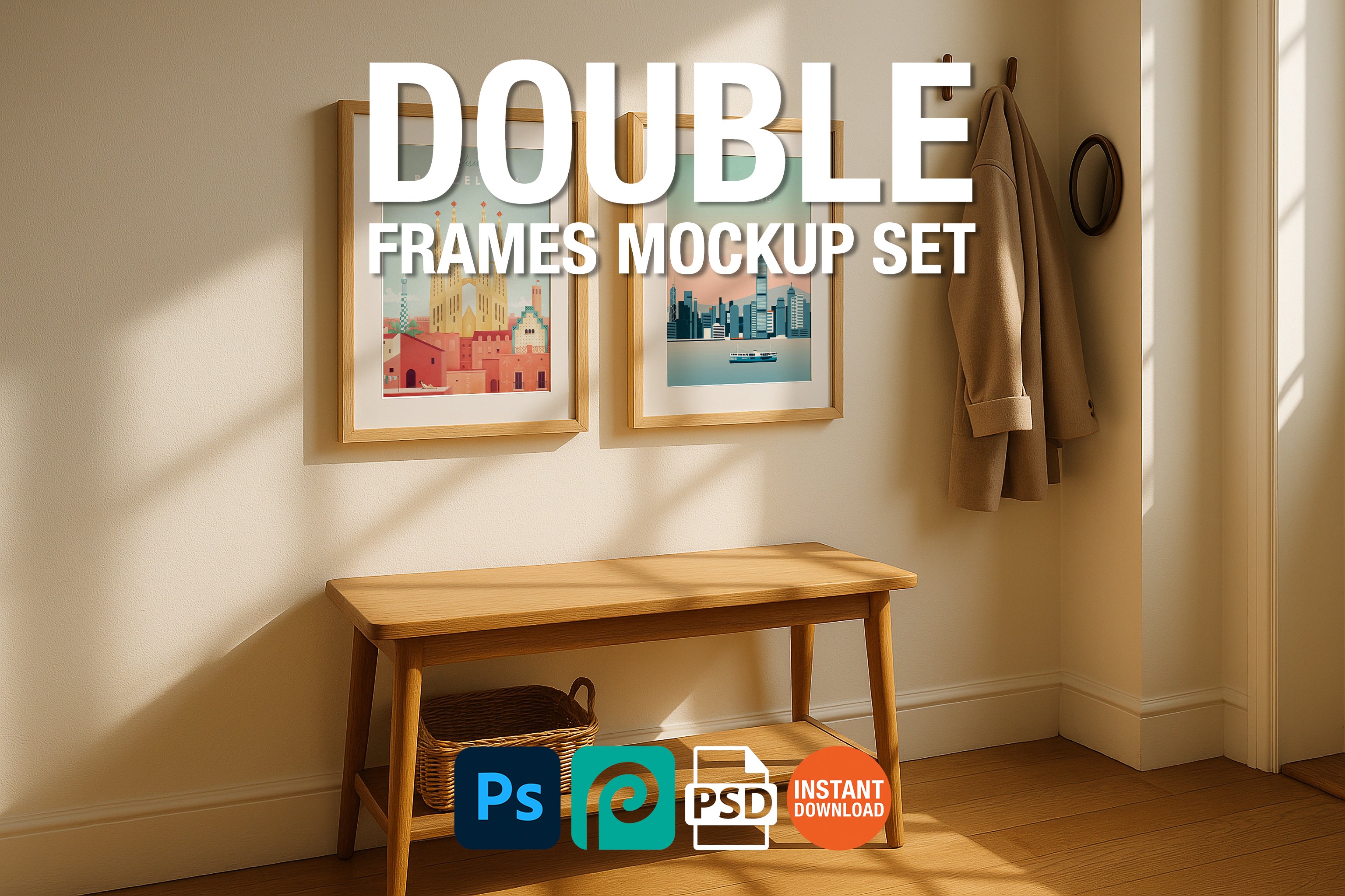 Two vertical wooden frame mockups in modern hallway above bench with coat and basket – PSD template for wall art, posters, and printable designs