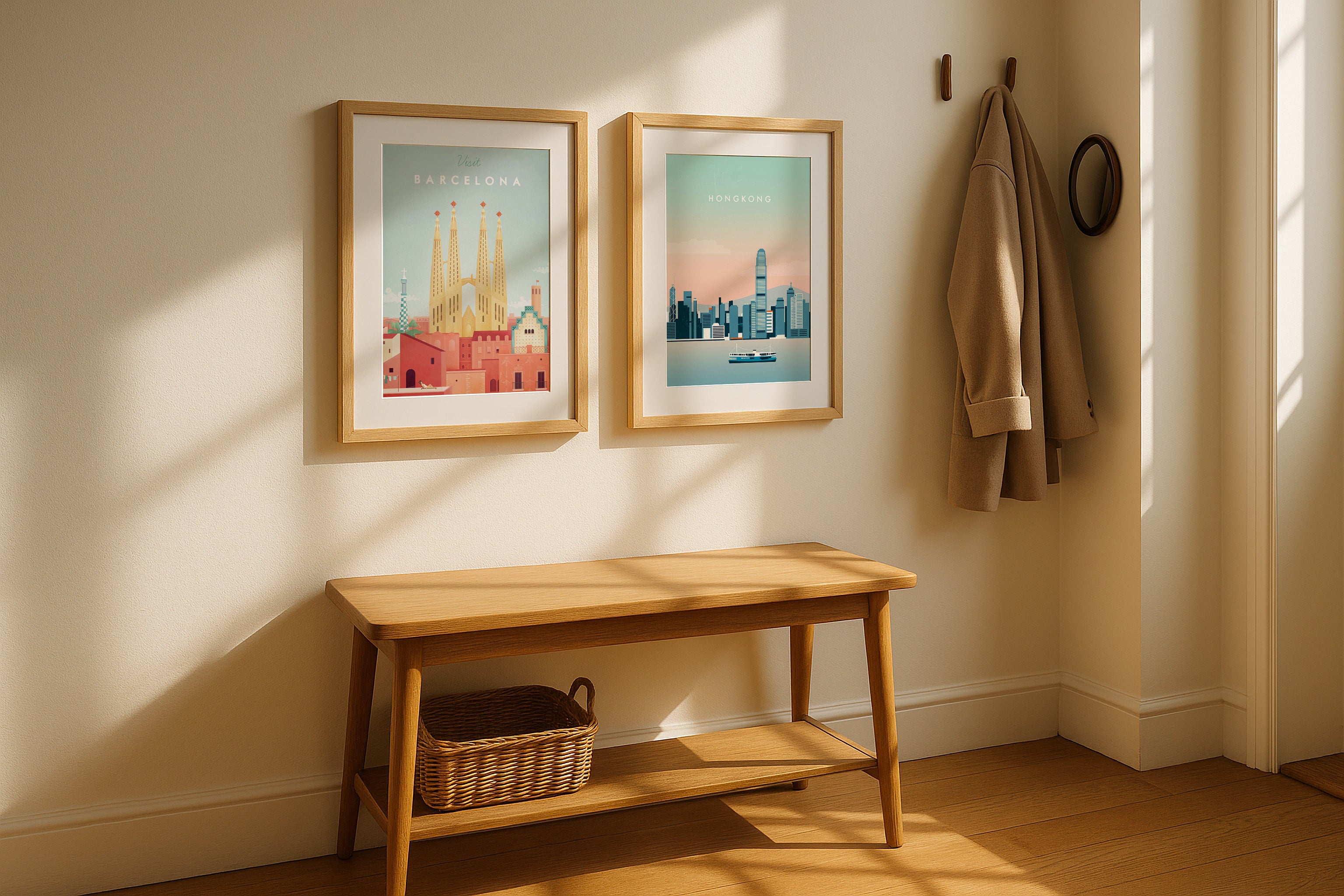 Two vertical wooden frame mockups in modern hallway above bench with coat and basket – PSD template for wall art, posters, and printable designs