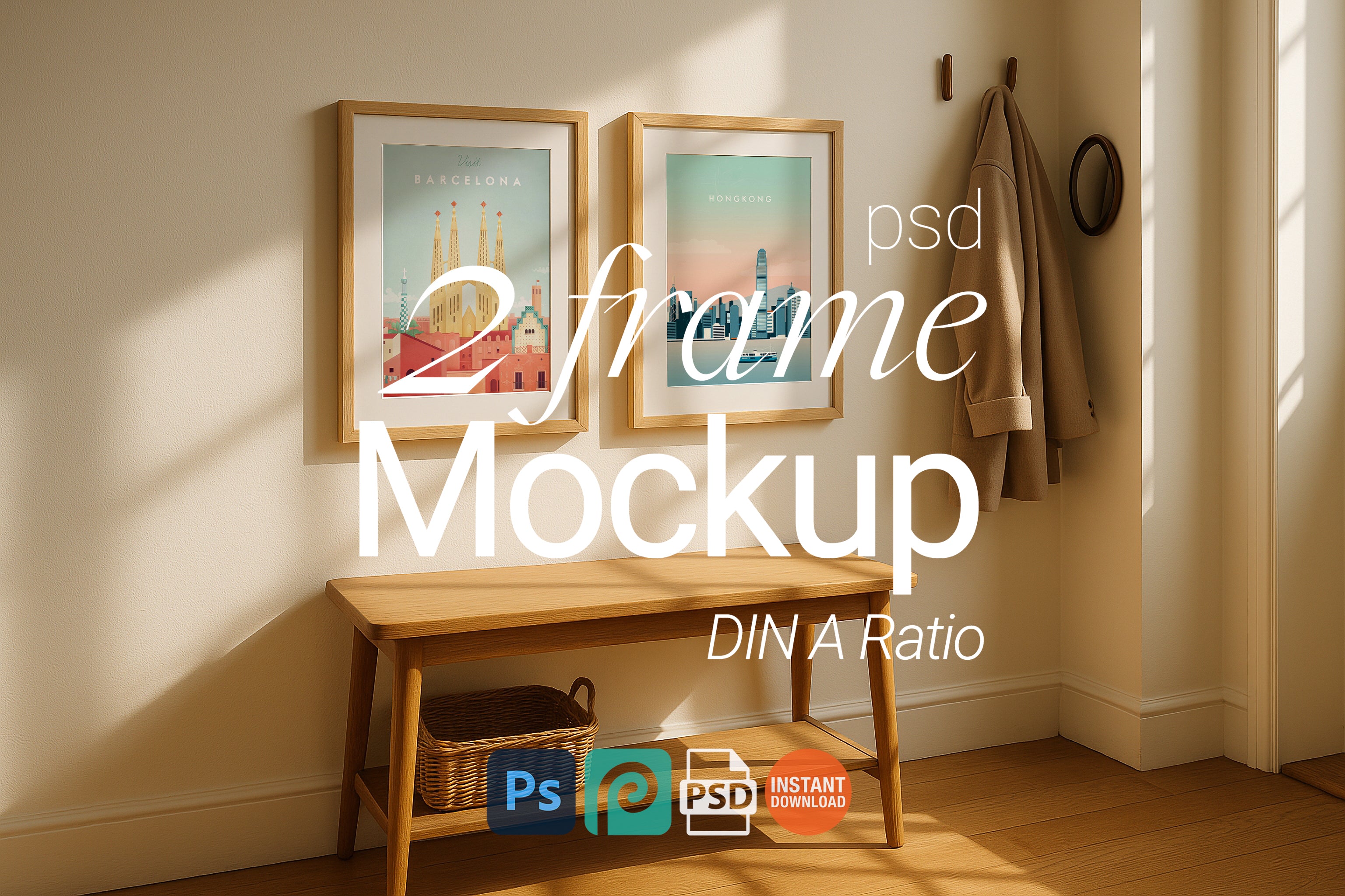 Set of 2 Wooden Frame Mockup Hallway Wall Art Poster Digital PSD