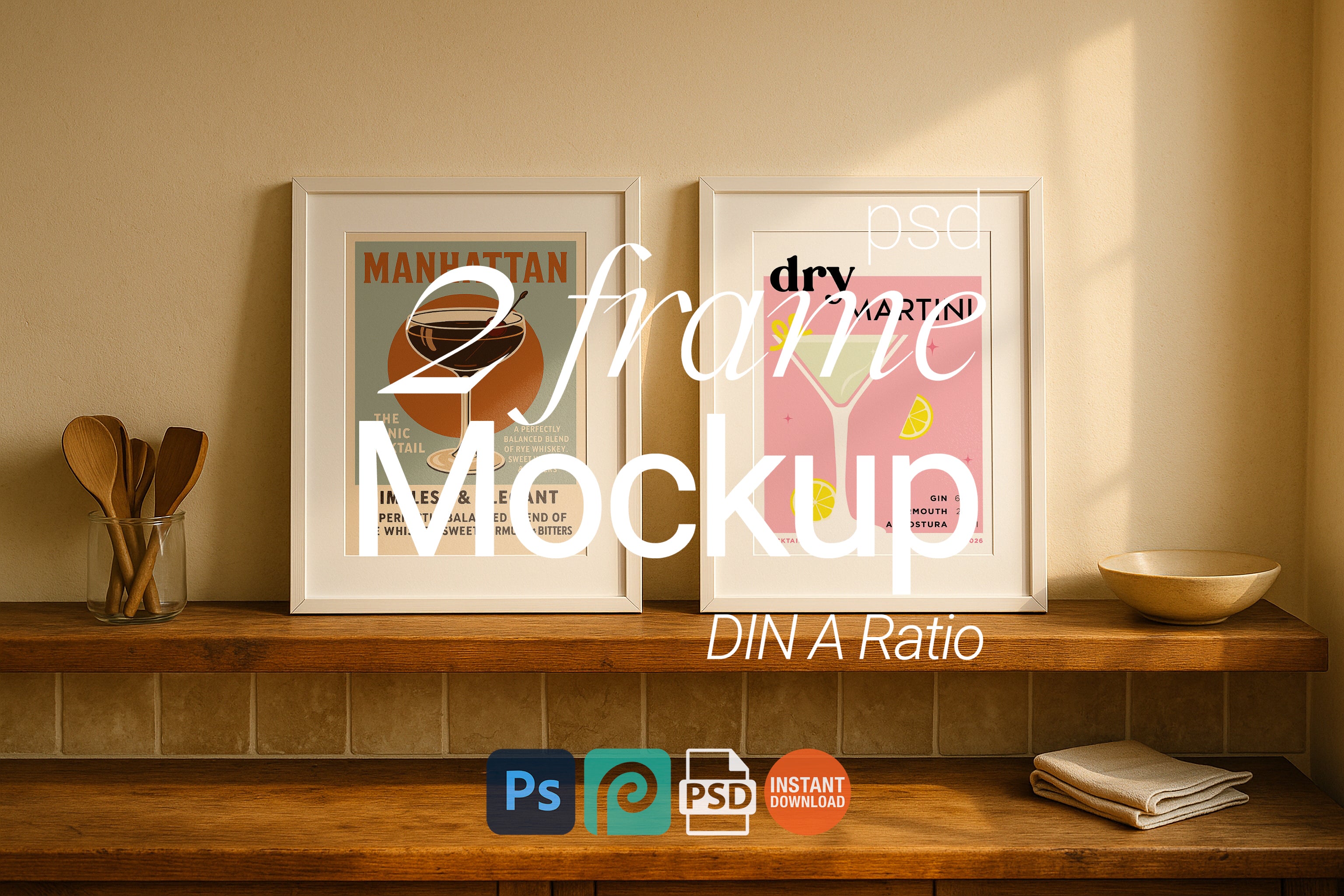 2 Frame Mockup Rustic Kitchen Double Poster Display Wall Art PSD Digital Download