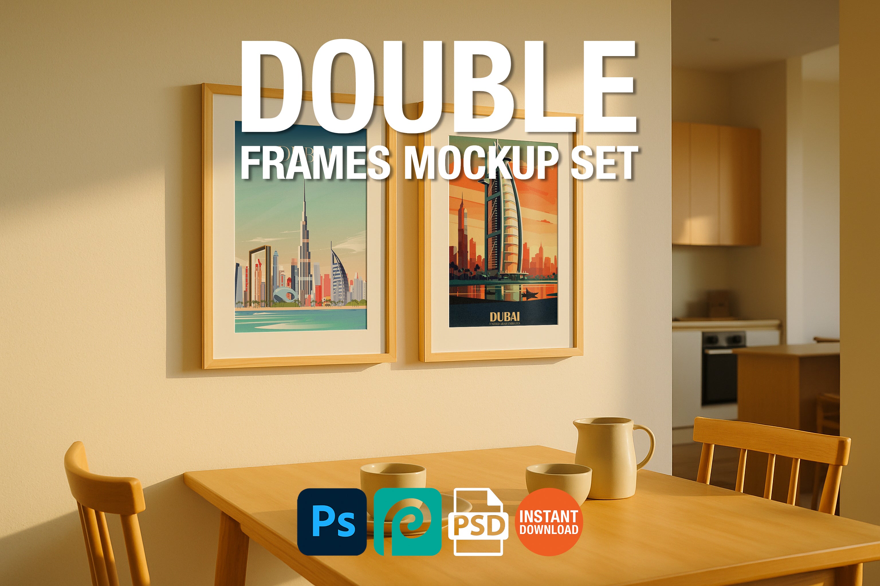 Two wooden frame mockups on dining room wall above table with ceramic cups – PSD template for showcasing printable wall art, posters, and minimalist decor