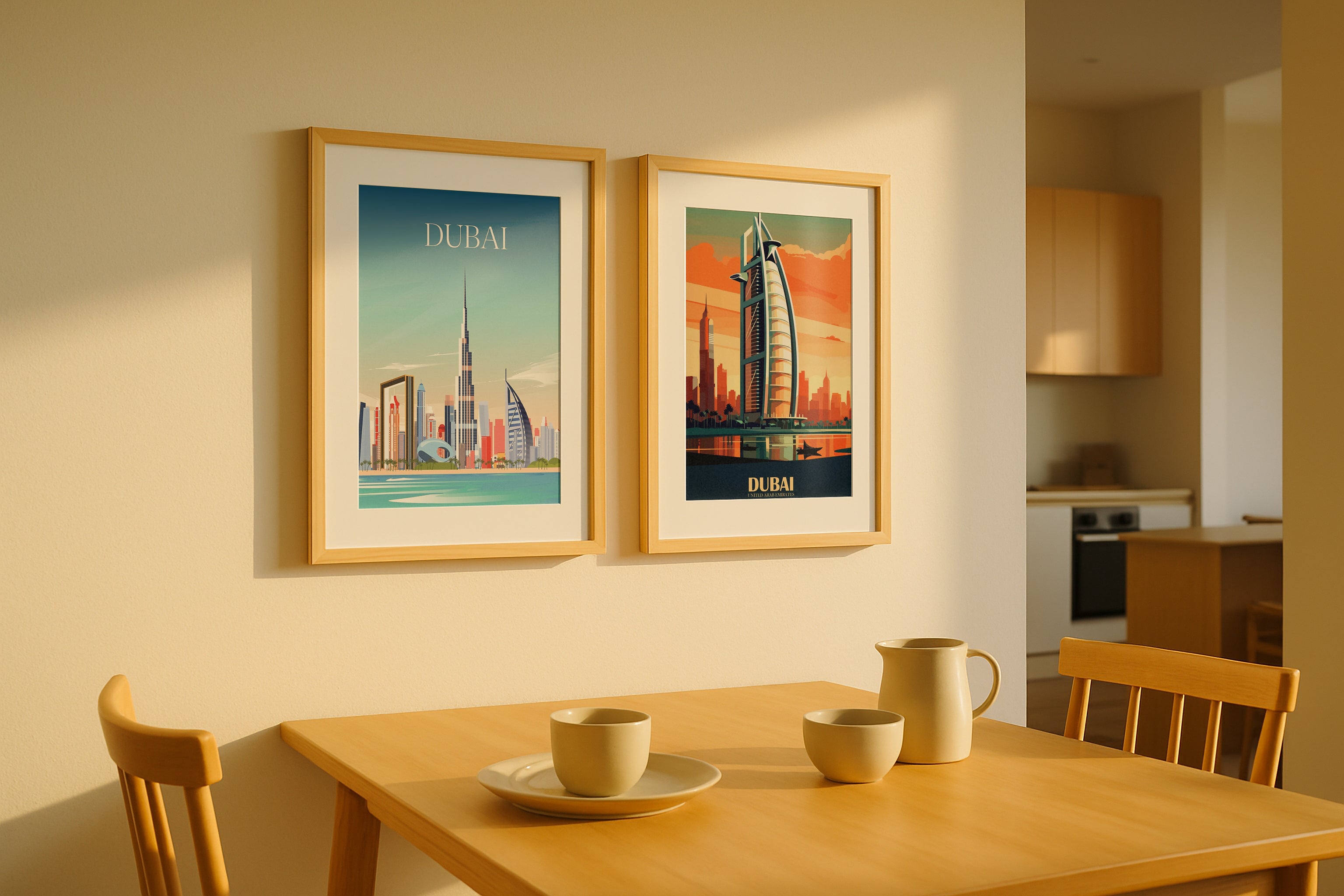 Two wooden frame mockups on dining room wall above table with ceramic cups – PSD template for showcasing printable wall art, posters, and minimalist decor