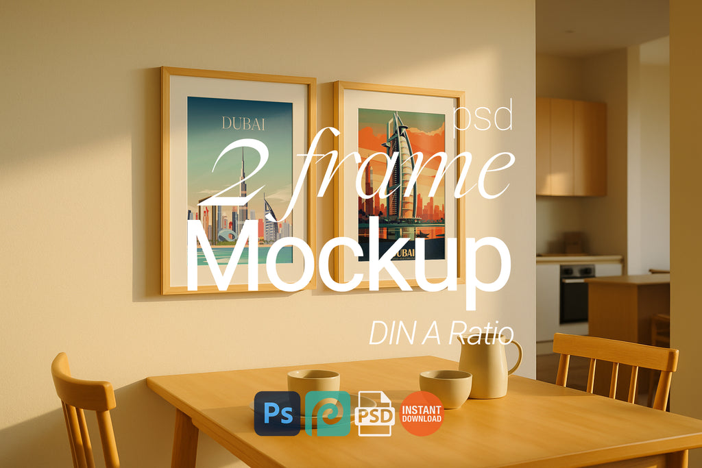 Two wooden frame mockups on dining room wall above table with ceramic cups – PSD template for showcasing printable wall art, posters, and minimalist decor