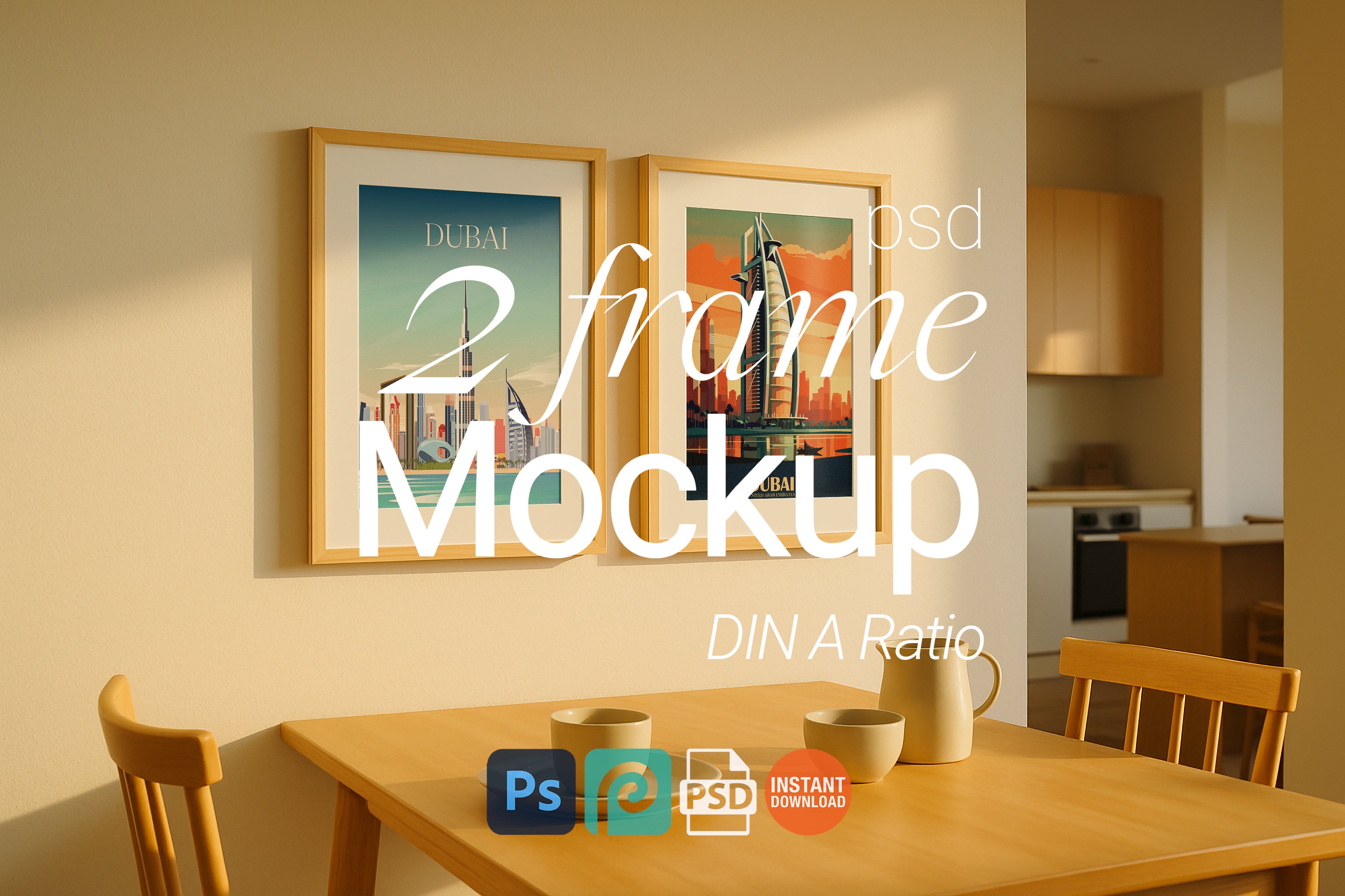 Two wooden frame mockups on dining room wall above table with ceramic cups – PSD template for showcasing printable wall art, posters, and minimalist decor