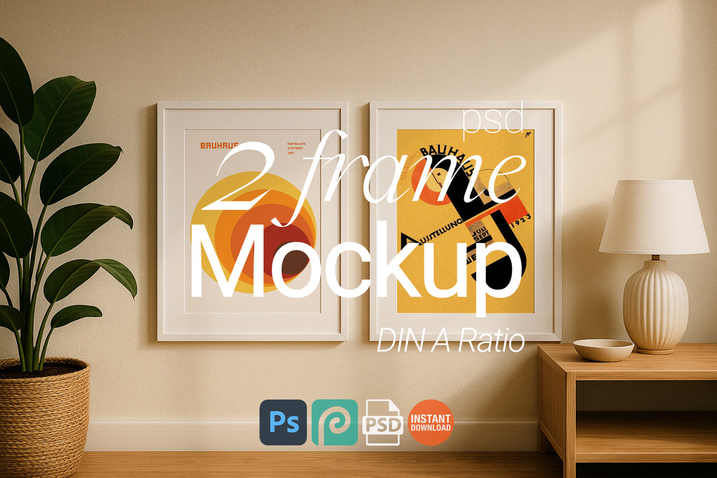 2 Frame Mockup Living Room Double Poster Display White Wall Art PSD Digital Download