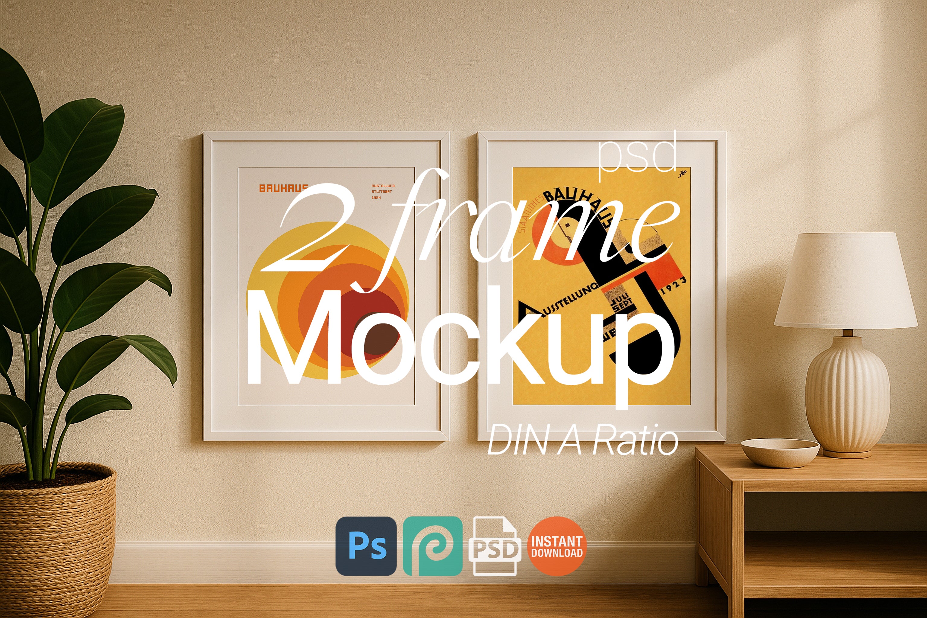 2 Frame Mockup Living Room Double Poster Display White Wall Art PSD Digital Download