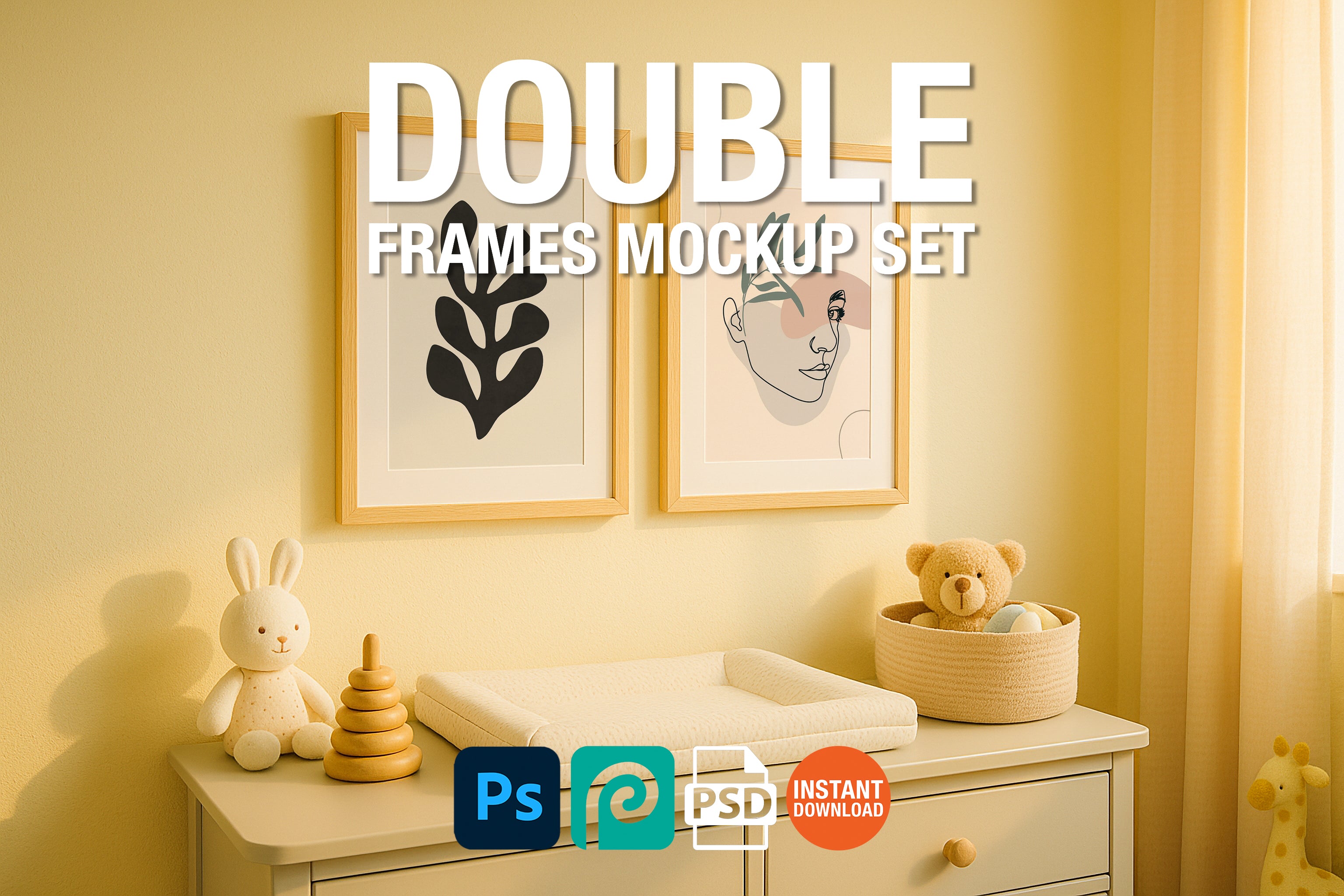 Two wooden frame mockups above nursery dresser with toys and soft sunlight – PSD template for baby room wall art, printable posters, and kids decor.