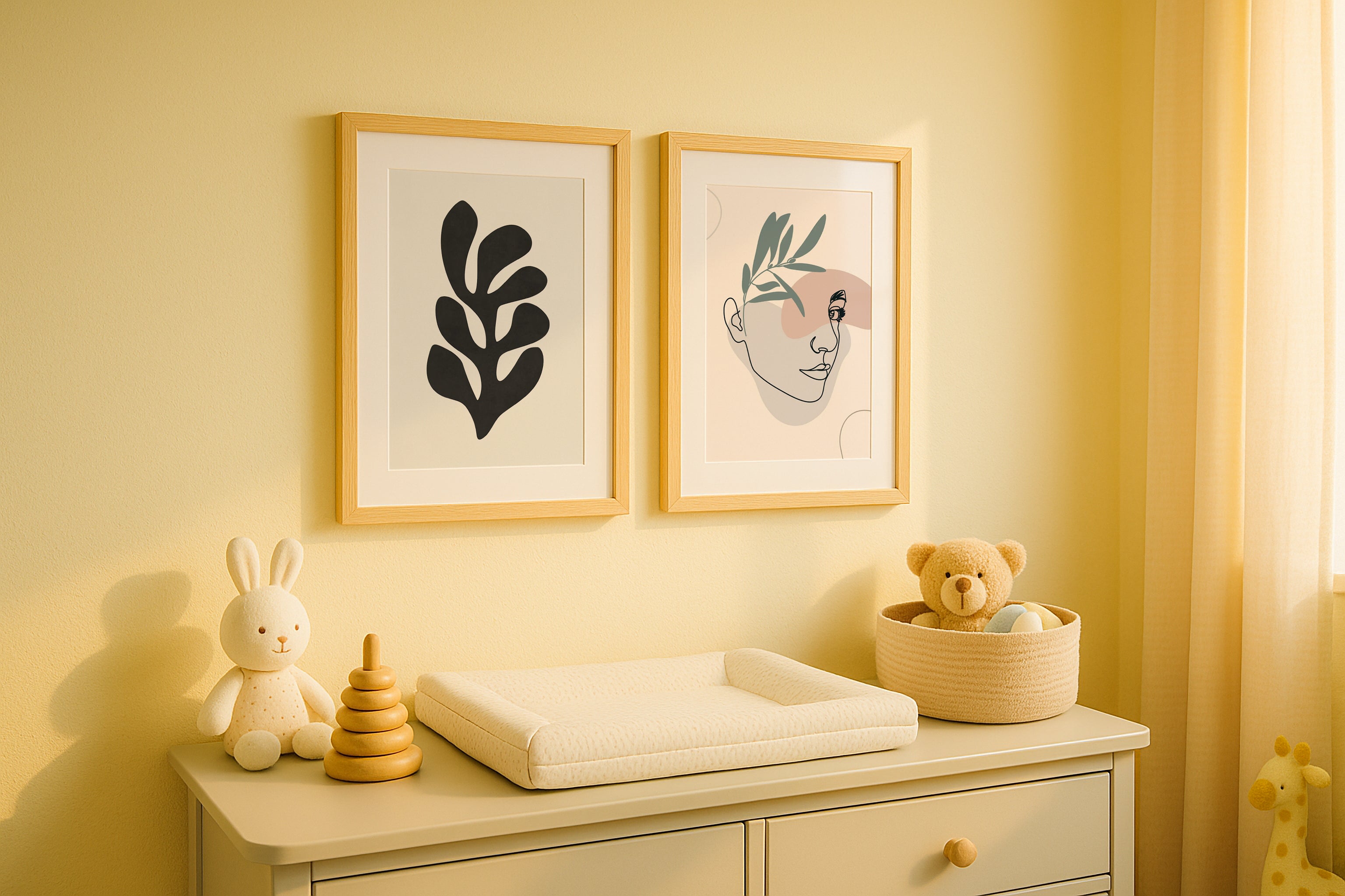 Two wooden frame mockups above nursery dresser with toys and soft sunlight – PSD template for baby room wall art, printable posters, and kids decor.