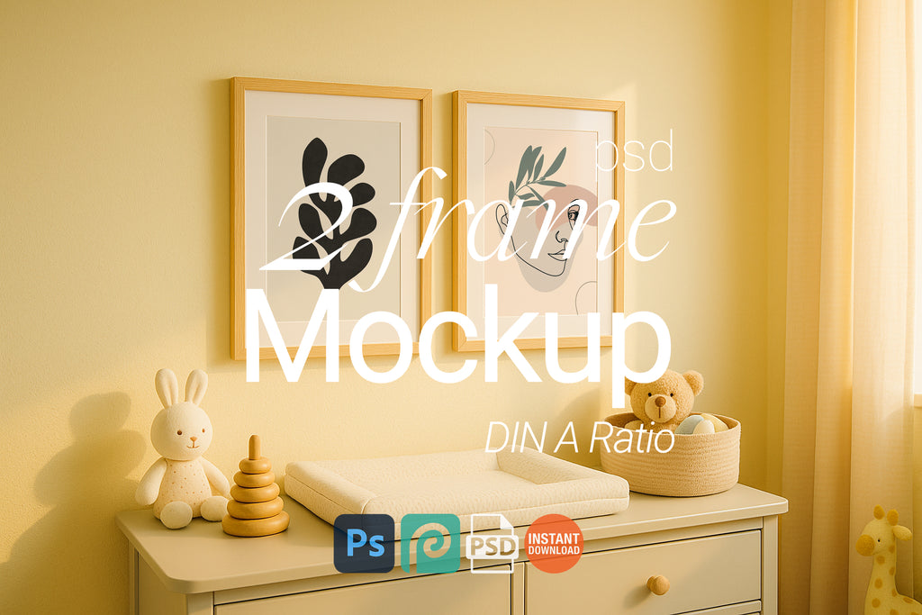 2 Wooden Frame Mockup Double Poster Display Nursery Wall Art PSD Digital Download