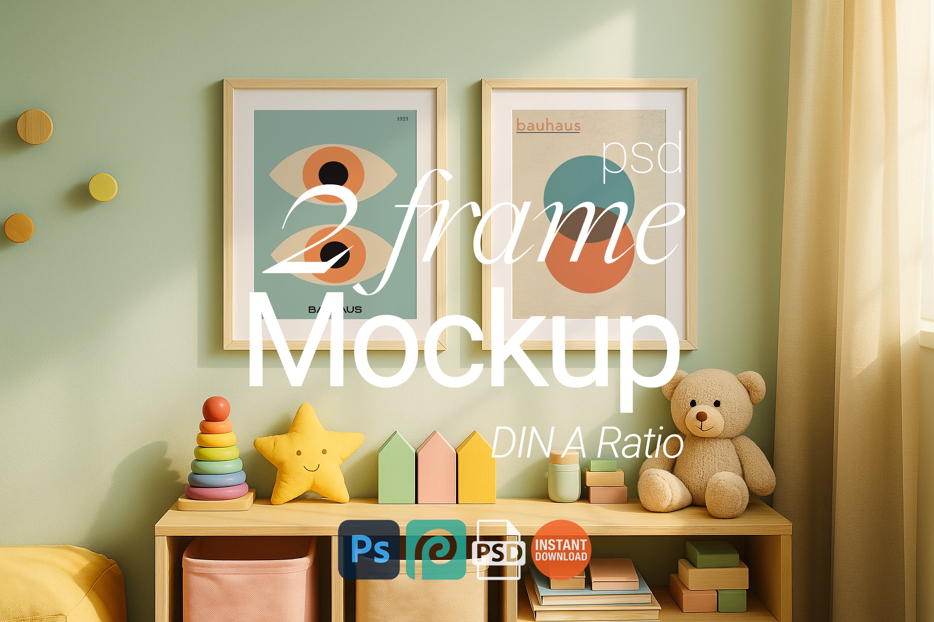2 Wooden Frame Mockup Double Poster Display Nursery Wall Art PSD Digital Download