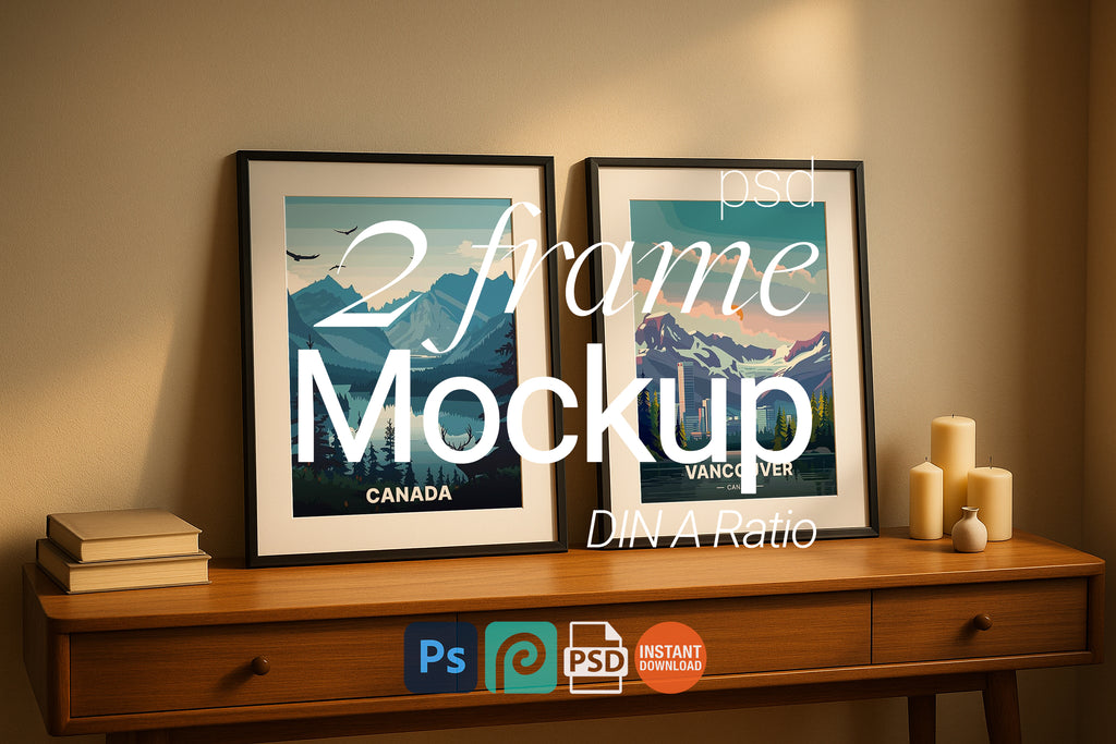 2 Frame Mockup Double Poster Display Black Wall Art Modern Interior PSD Download