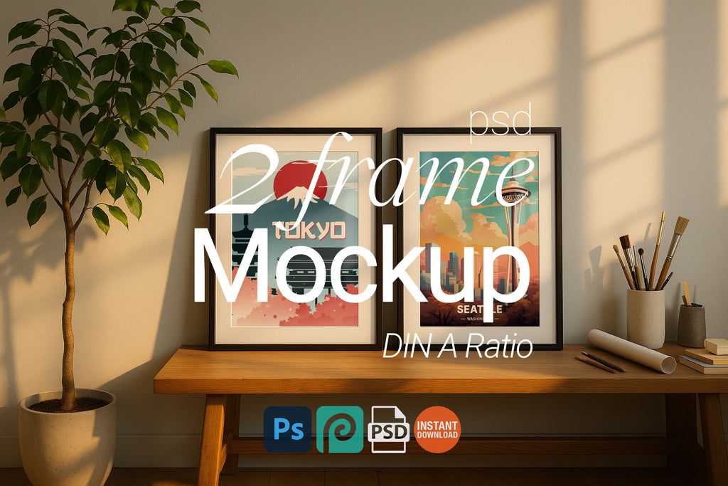 2 Frame Mockup Double Poster Display Black Wall Art Minimal Sunlit Interior PSD Download