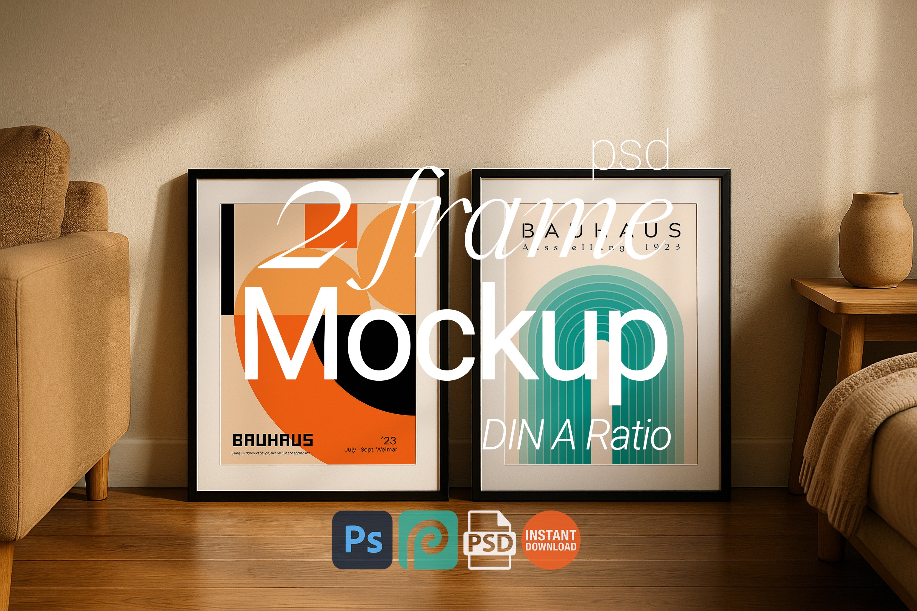 2 Frame Mockup Double Poster Display Black Wall Art Minimal Interior PSD Download