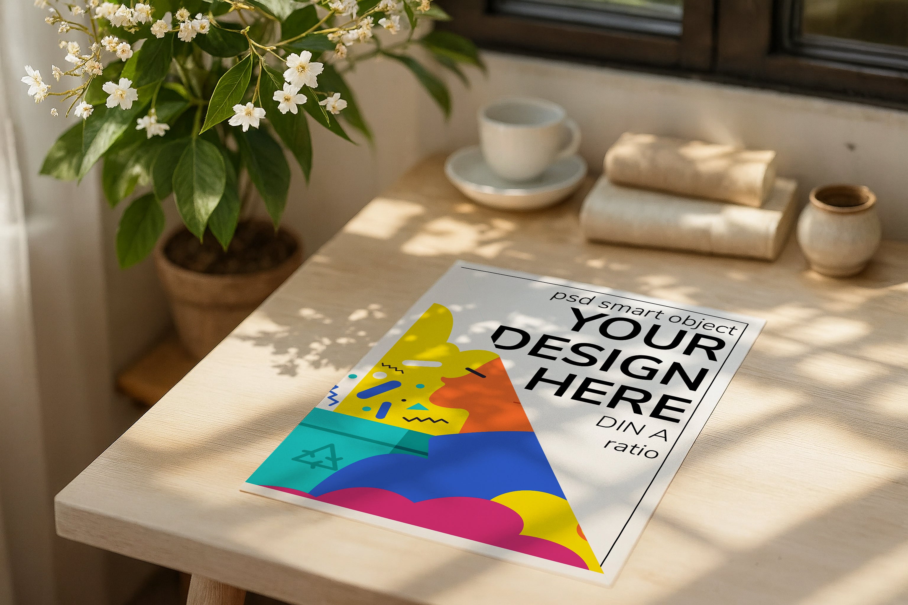 Poster mockup on wooden desk with flowers and books, A4 A3 print mockup PSD template for artwork, wall art, photography, graphic design and digital prints