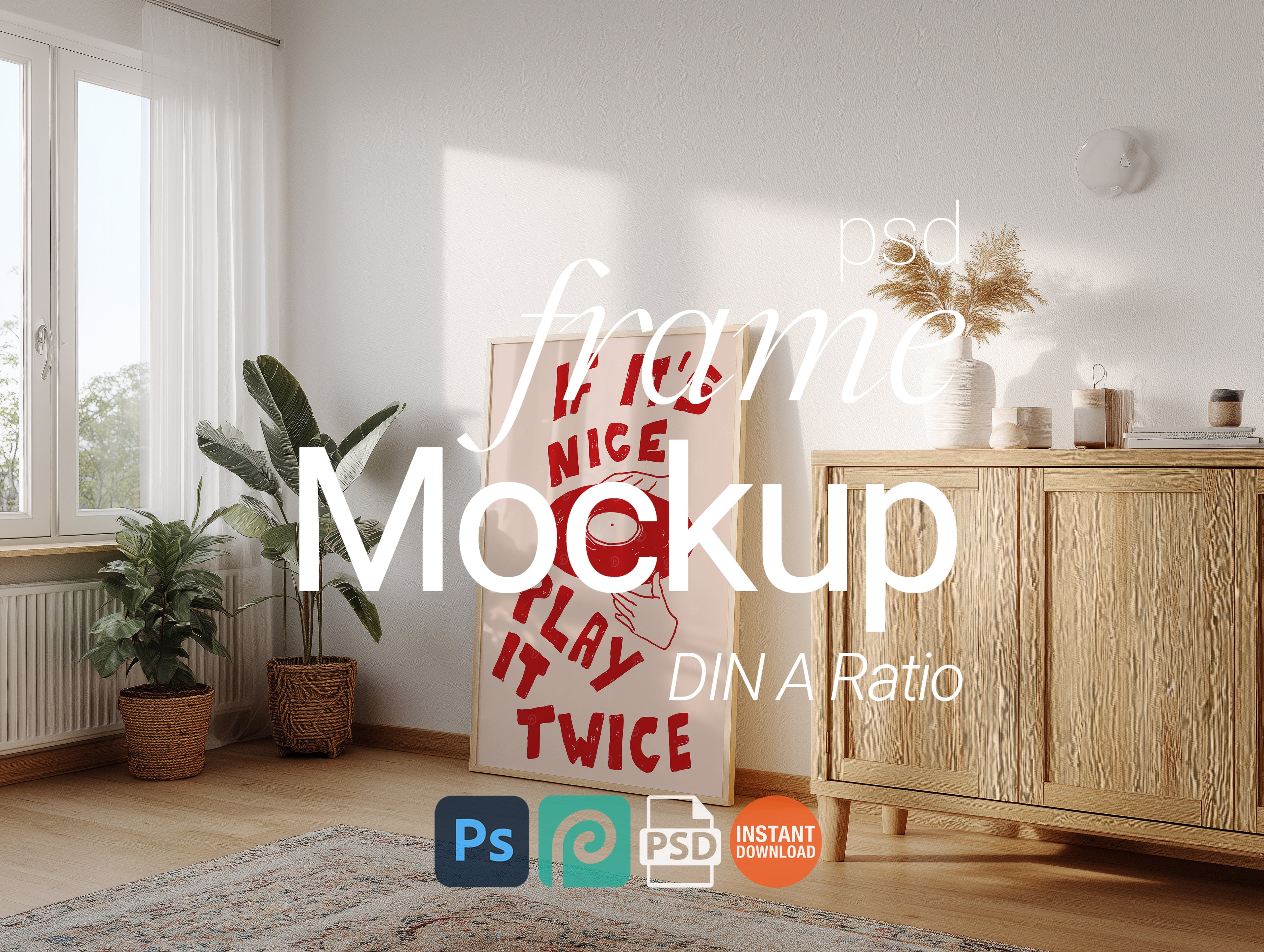 Poster Mockup PSD: Vertical Wooden Frame Picture PSD Template