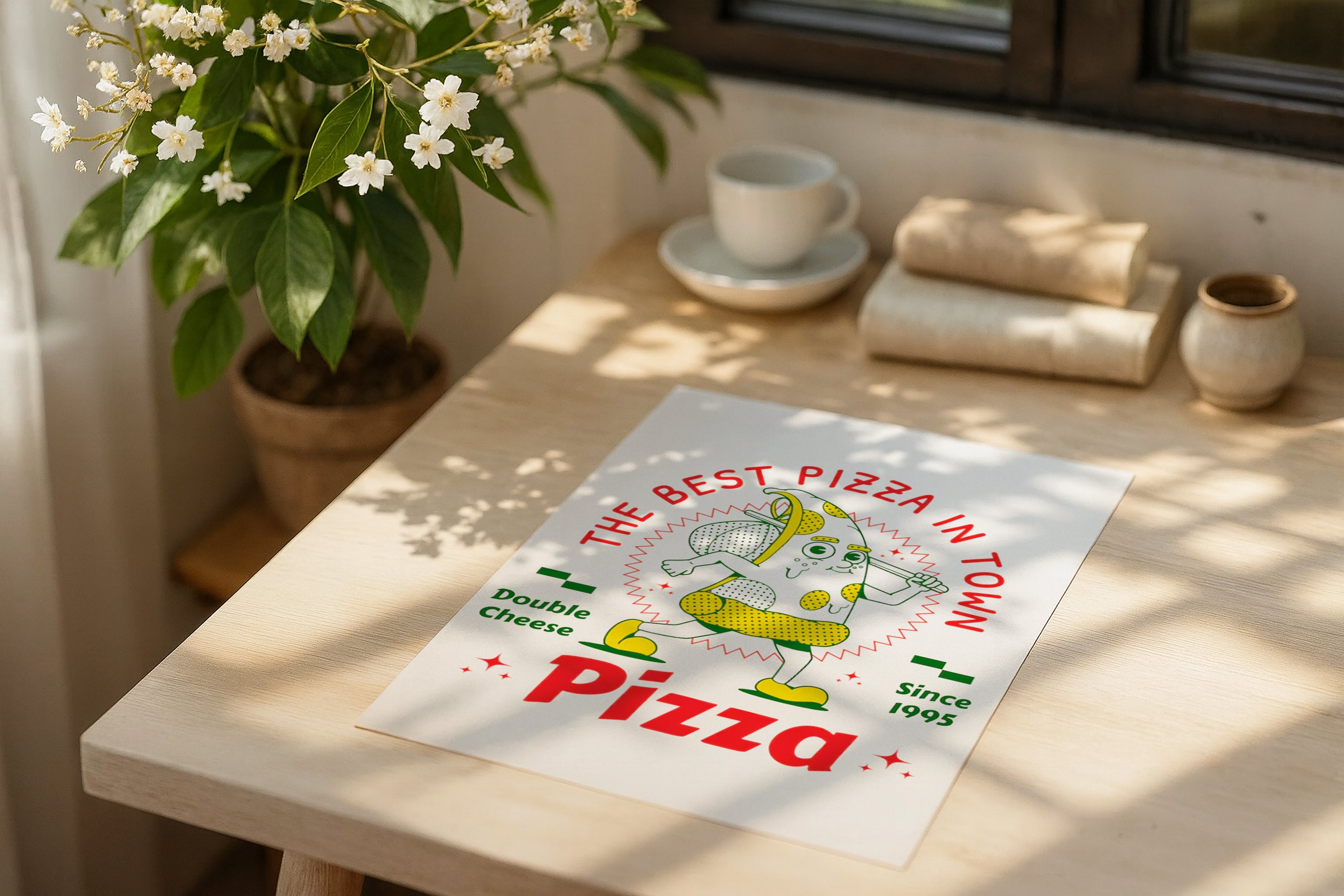 Poster mockup on wooden desk with flowers and books, A4 A3 print mockup PSD template for artwork, wall art, photography, graphic design and digital prints