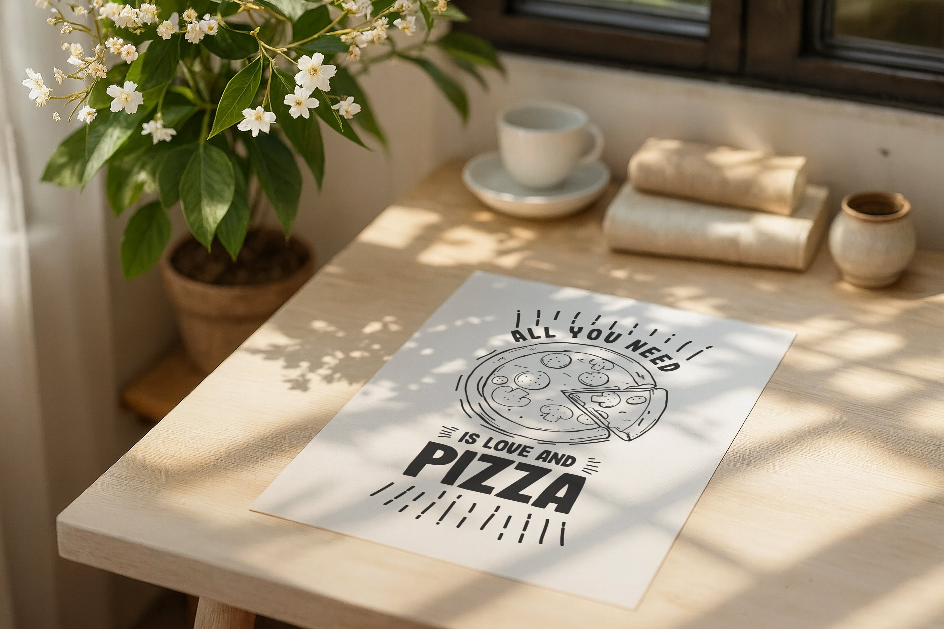 Poster mockup on wooden desk with flowers and books, A4 A3 print mockup PSD template for artwork, wall art, photography, graphic design and digital prints