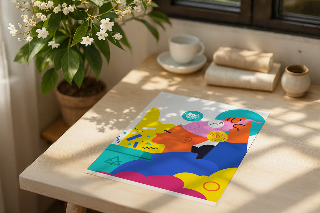 Poster mockup on wooden desk with flowers and books, A4 A3 print mockup PSD template for artwork, wall art, photography, graphic design and digital prints