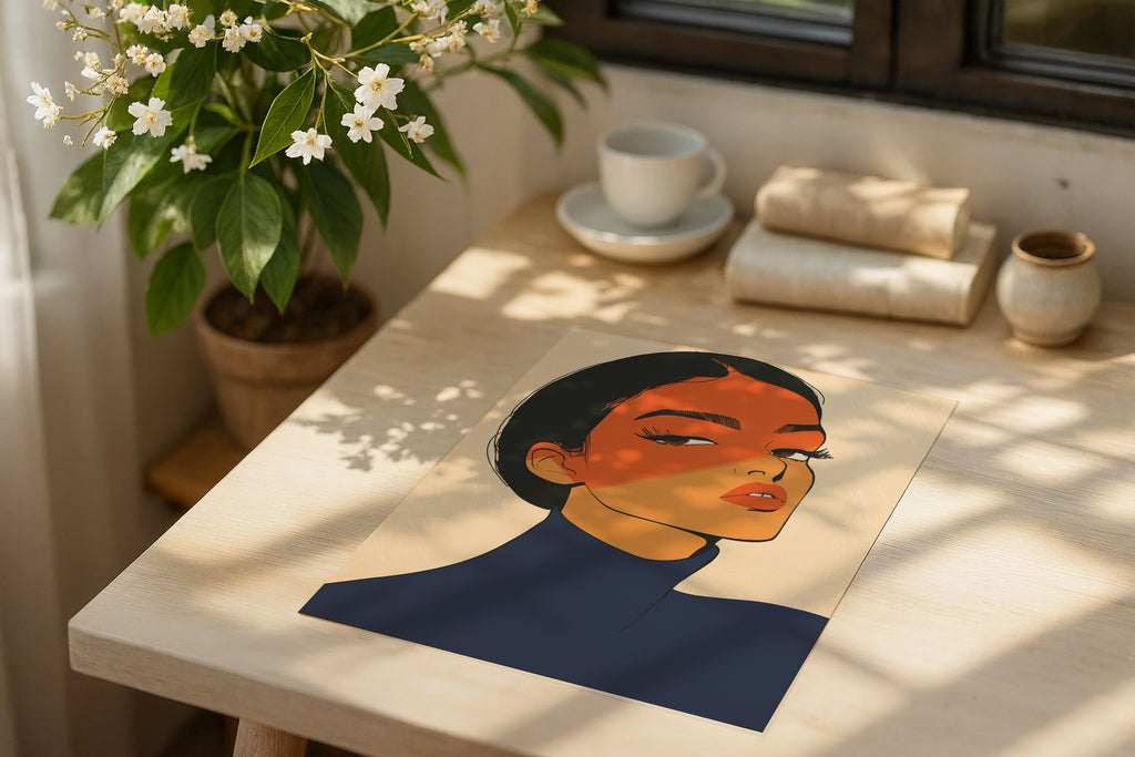 Poster mockup on wooden desk with flowers and books, A4 A3 print mockup PSD template for artwork, wall art, photography, graphic design and digital prints