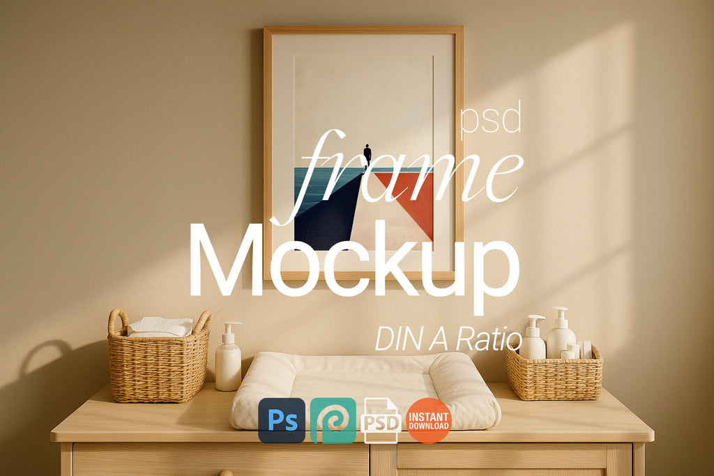 Nursery Single Wooden Frame Mockup Sunlit Boho Interior Wall Art Digital Poster PSD Template
