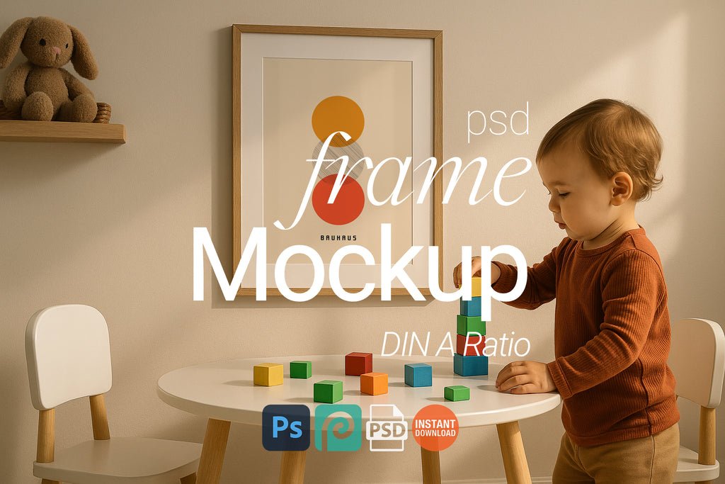 Nursery Single Wooden Frame Mockup Montessori Toys Nursery Wall Art Digital Poster PSD Template
