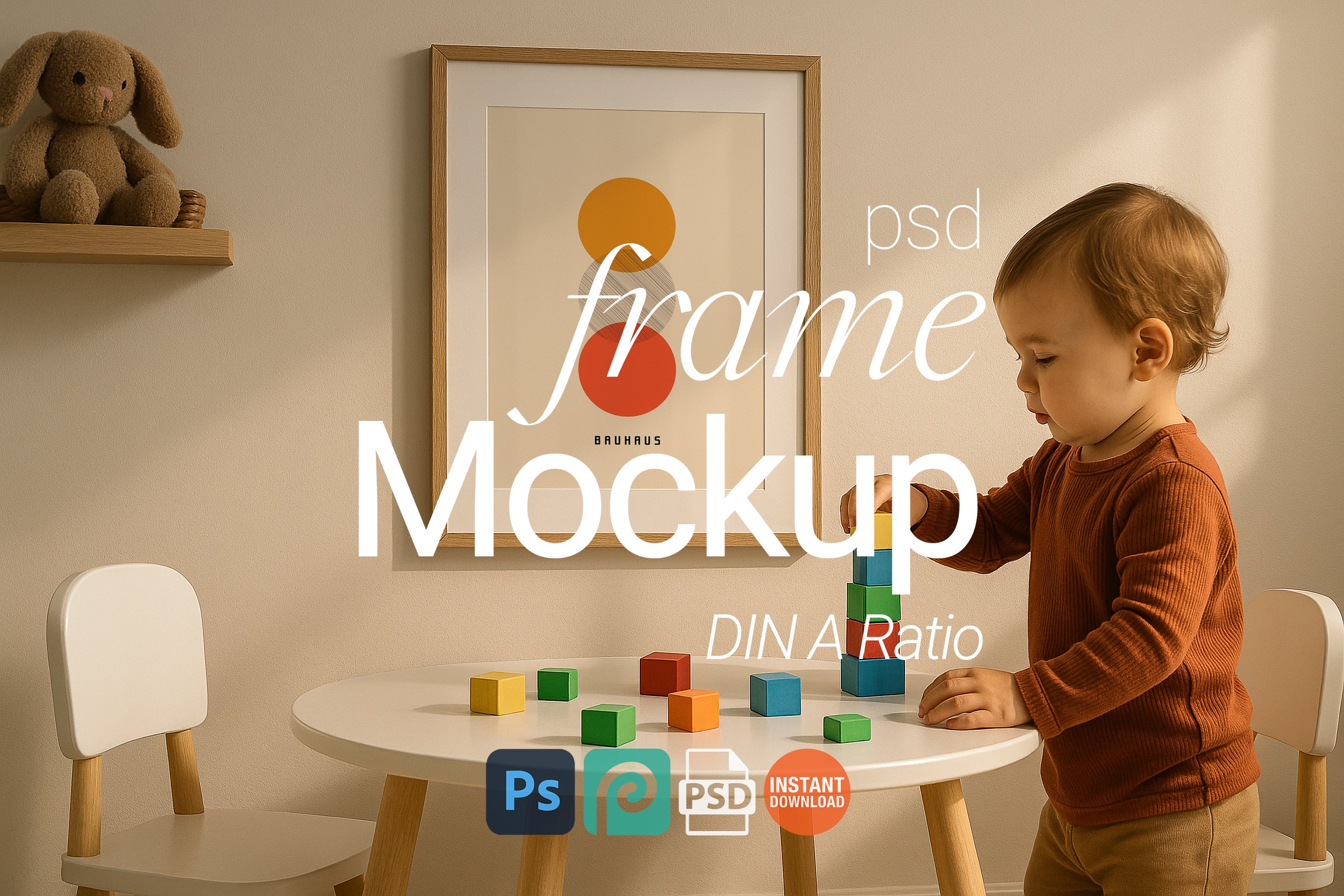 Nursery Single Wooden Frame Mockup Montessori Toys Nursery Wall Art Digital Poster PSD Template