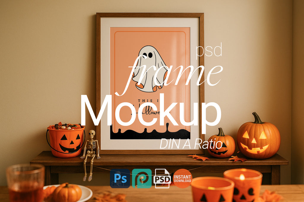 Halloween Single Wooden Frame Mockup Rustic Wall Art Digital Poster PSD Template