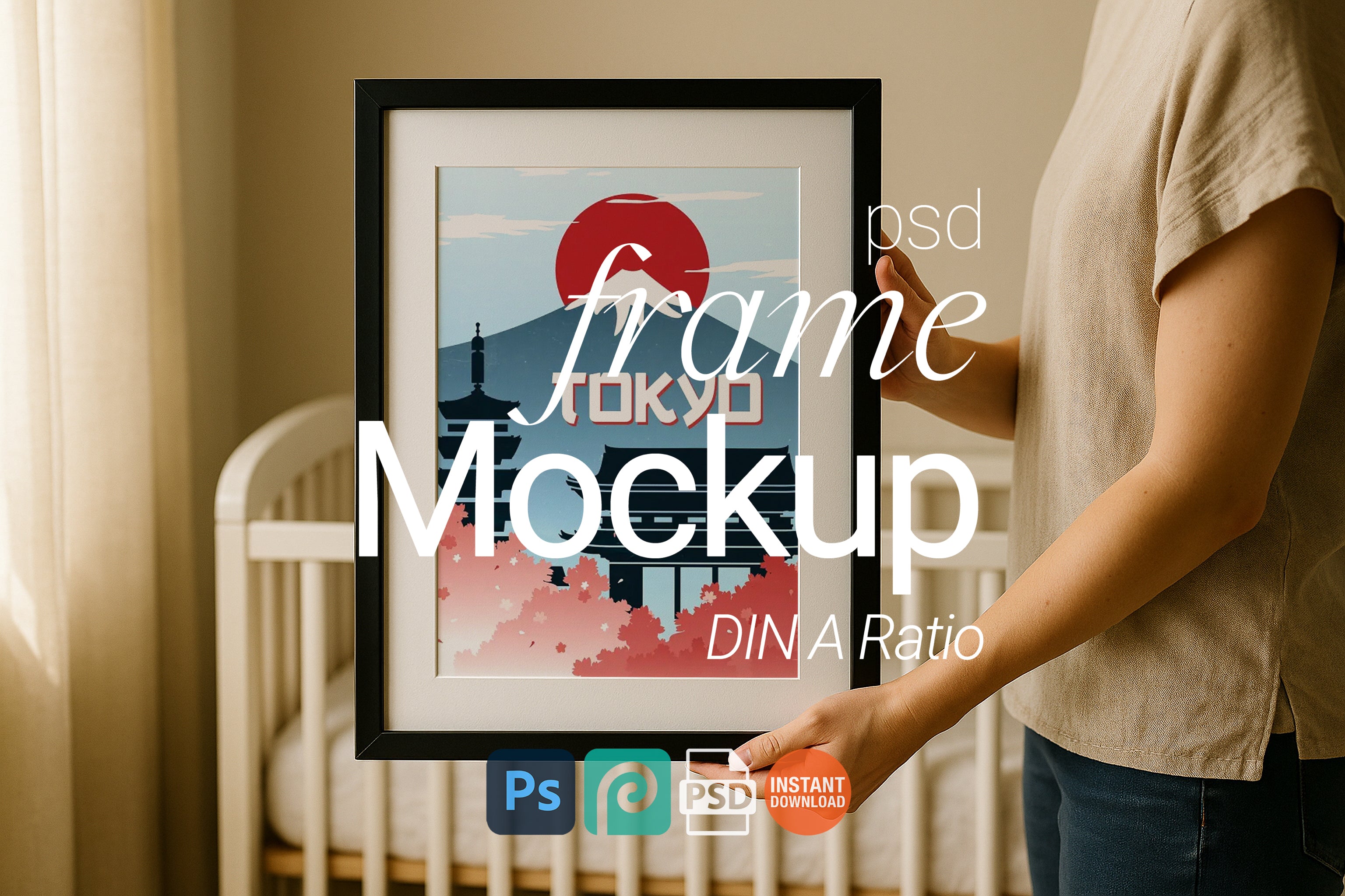 Handheld Black Frame Mockup Nursery Wall Art Kids Room Vertical Poster Digital PSD Download