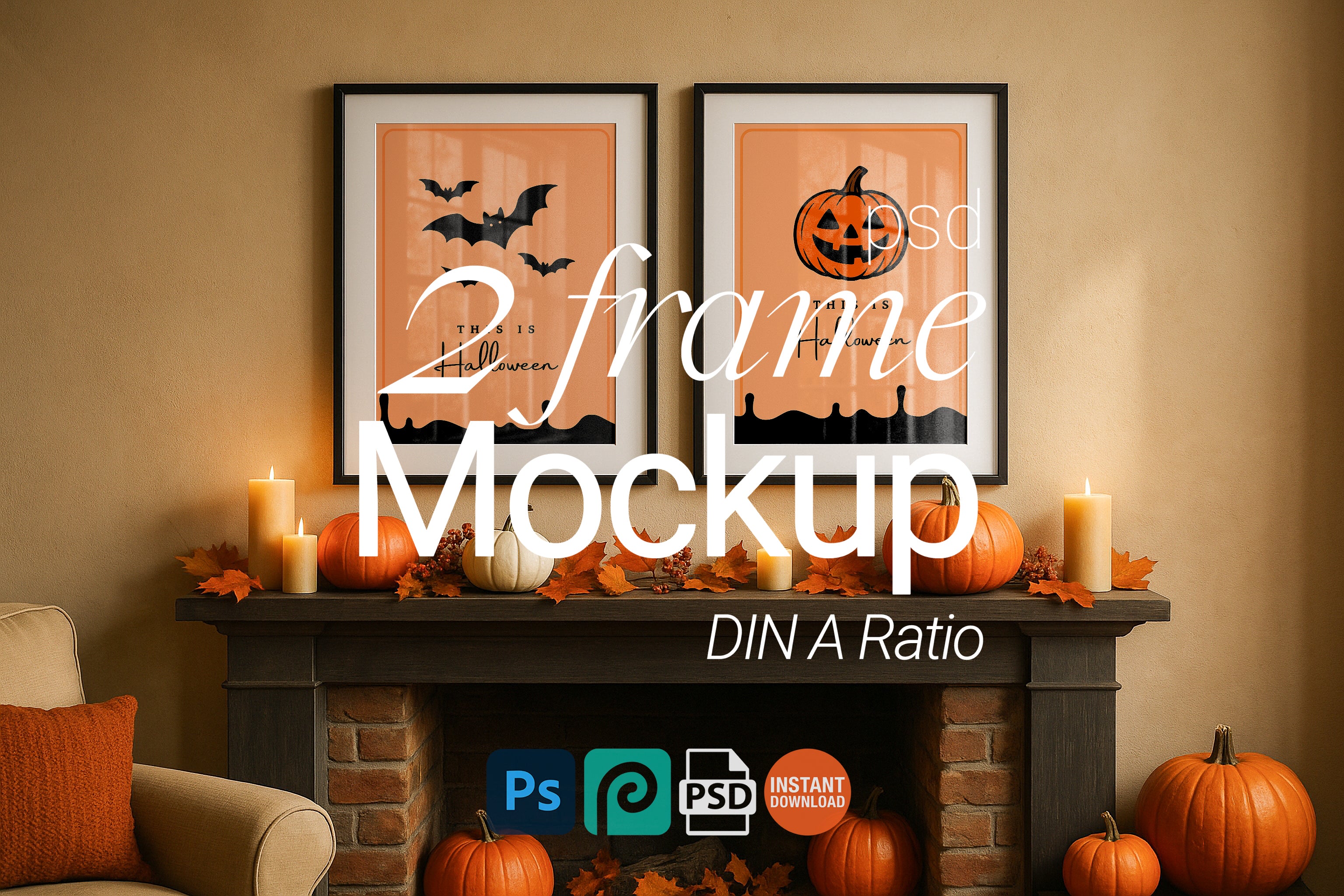2 Frame Halloween Mockup Black Wall Art Poster Display Pumpkin Fall Decor Digital PSD