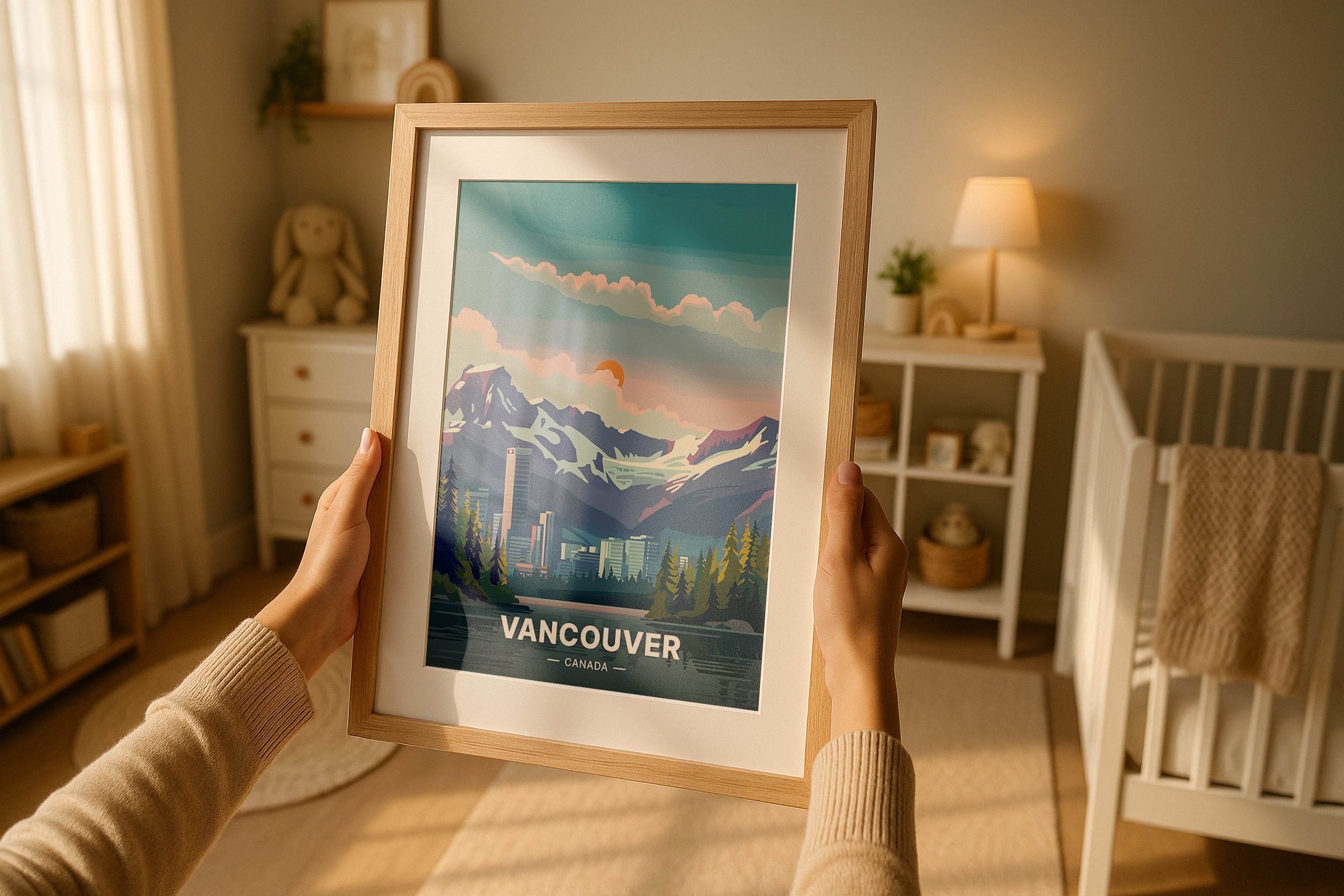 Frame mockup featuring person holding a framed picture with 'Vancouver' text in a nursery room setting.