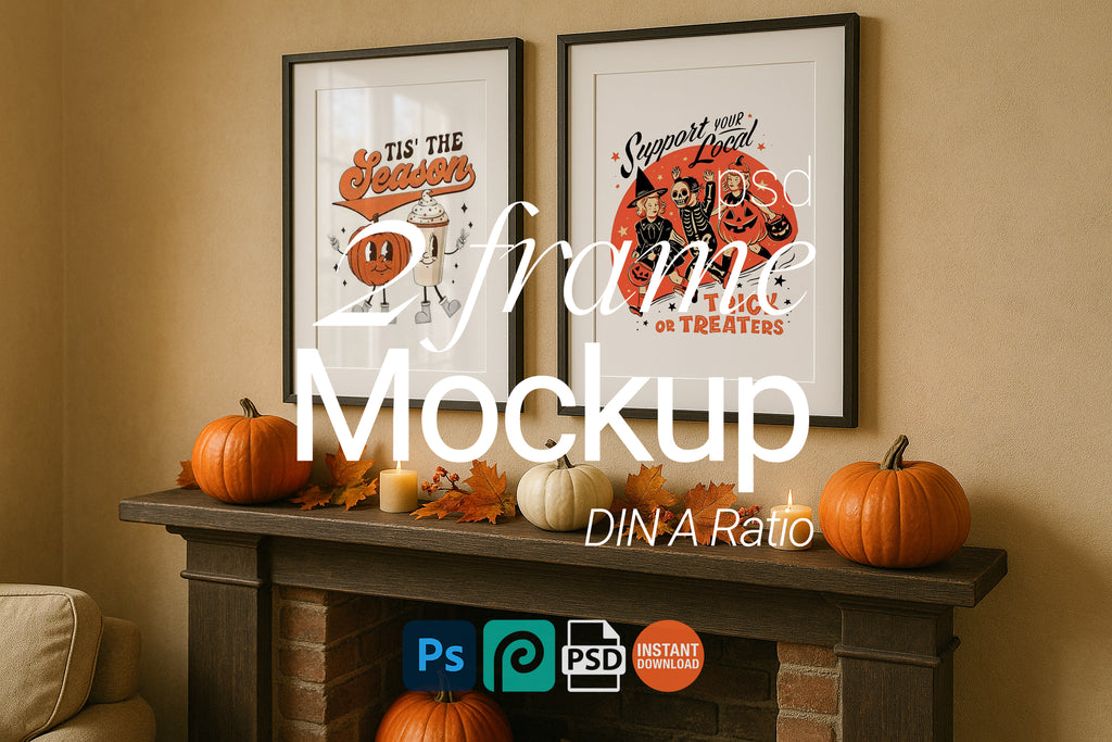 Double Vertical Frame Halloween Mockup Wall Art Poster Display Pumpkin Fall Decor Digital PSD