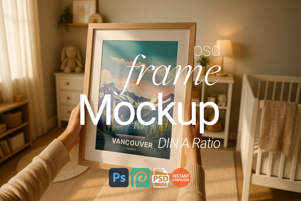 Kids Room Wooden Frame Mockup Single Wall Art Nursery Vertical Poster Digital PSD Template