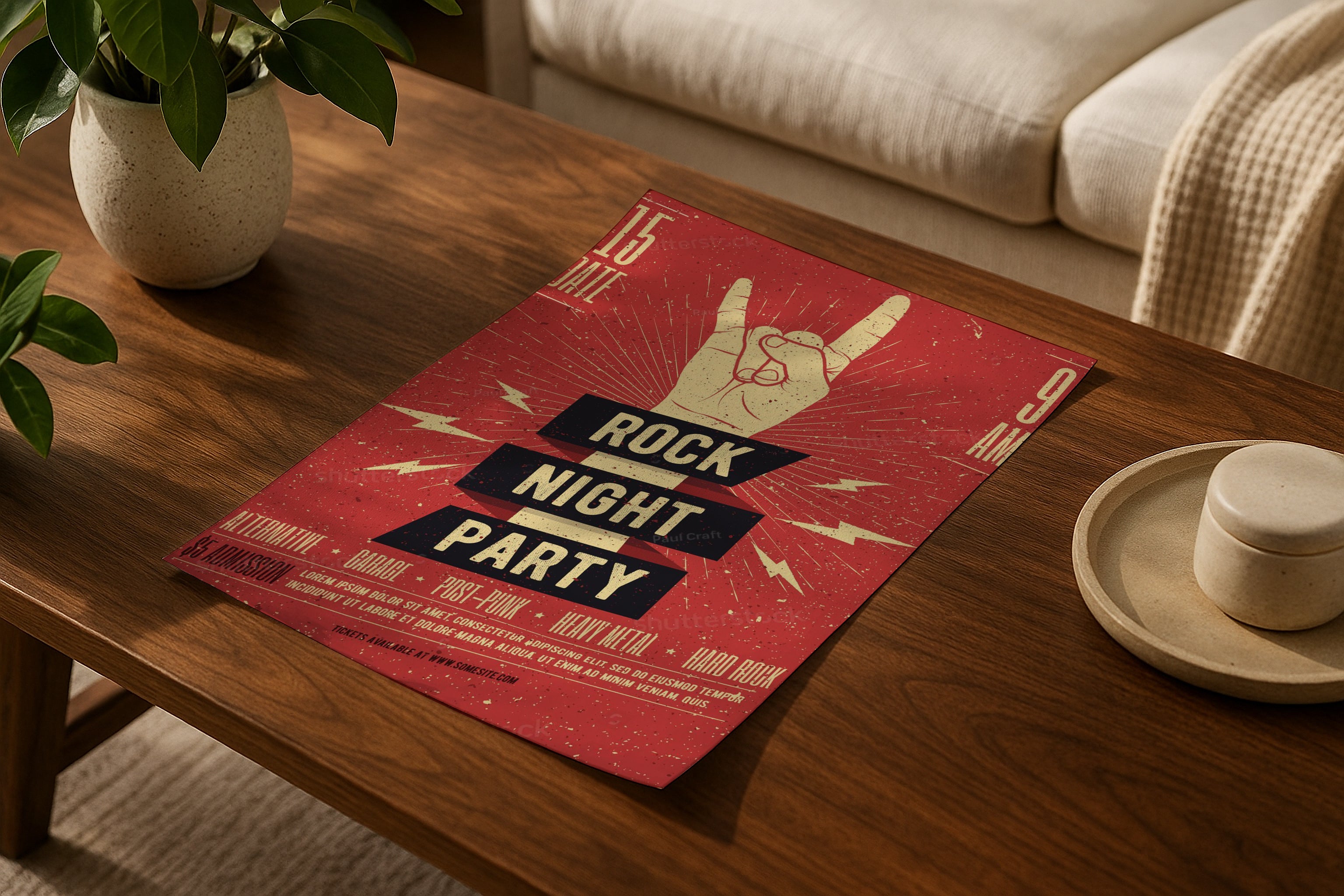 Poster mockup on wooden coffee table with plants, A4 A3 print mockup, PSD template for artwork, wall art, photography, graphic design and digital prints.