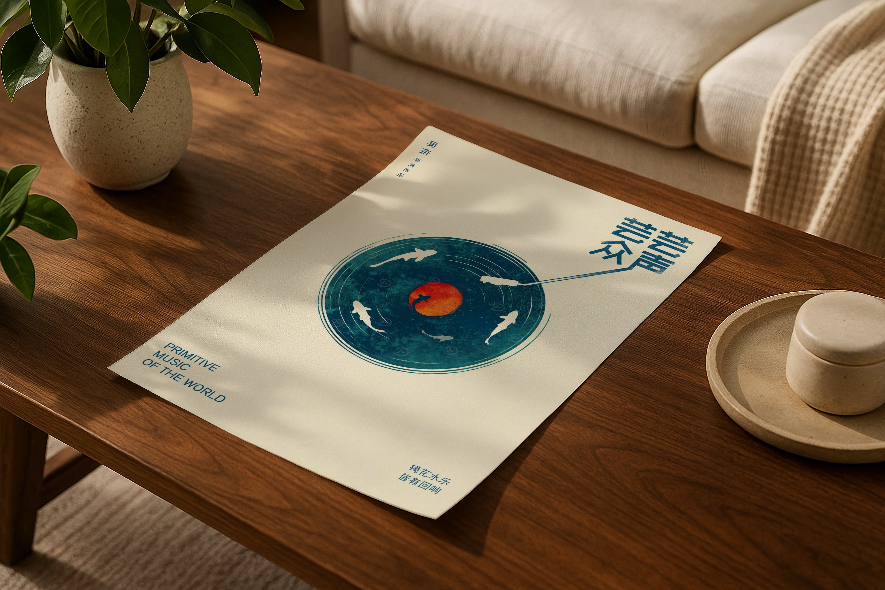 Poster mockup on wooden coffee table with plants, A4 A3 print mockup, PSD template for artwork, wall art, photography, graphic design and digital prints.