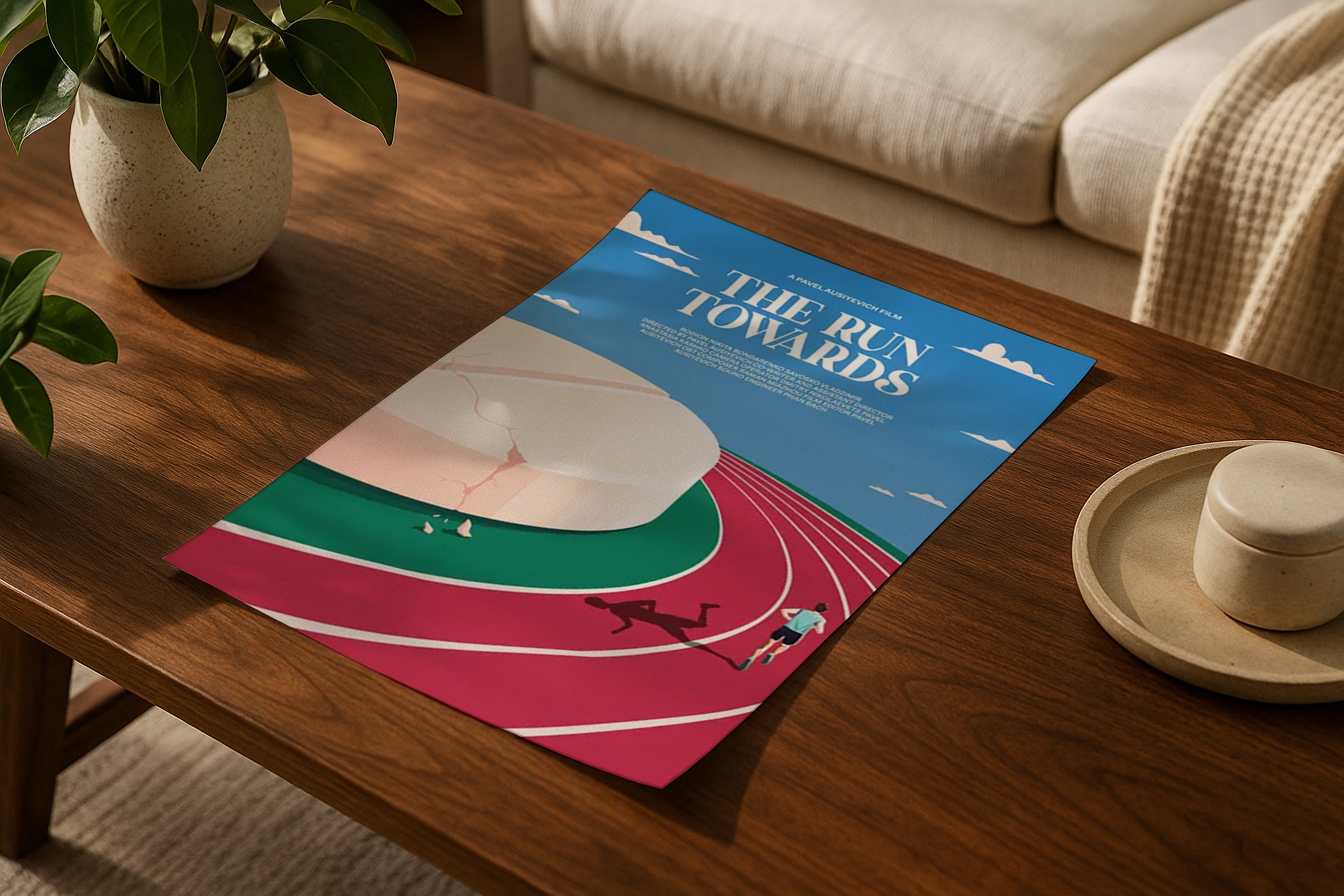 Poster mockup on wooden coffee table with plants, A4 A3 print mockup, PSD template for artwork, wall art, photography, graphic design and digital prints.
